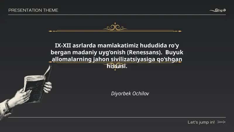 IX-XII asrlarda mamlakatimiz hududida ro‘y bergan madaniy uyg‘onish (Renessans). Buyuk allomalarning jahon sivilizatsiyasiga qo‘shgan hissasi 1