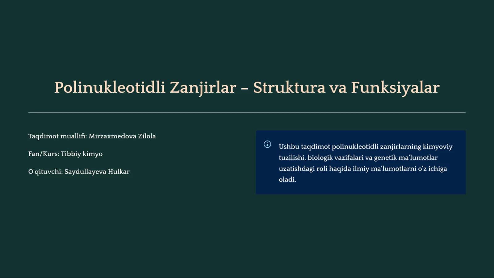 Polinukleotidli Zanjirlar – Struktura va Funksiyalar 1