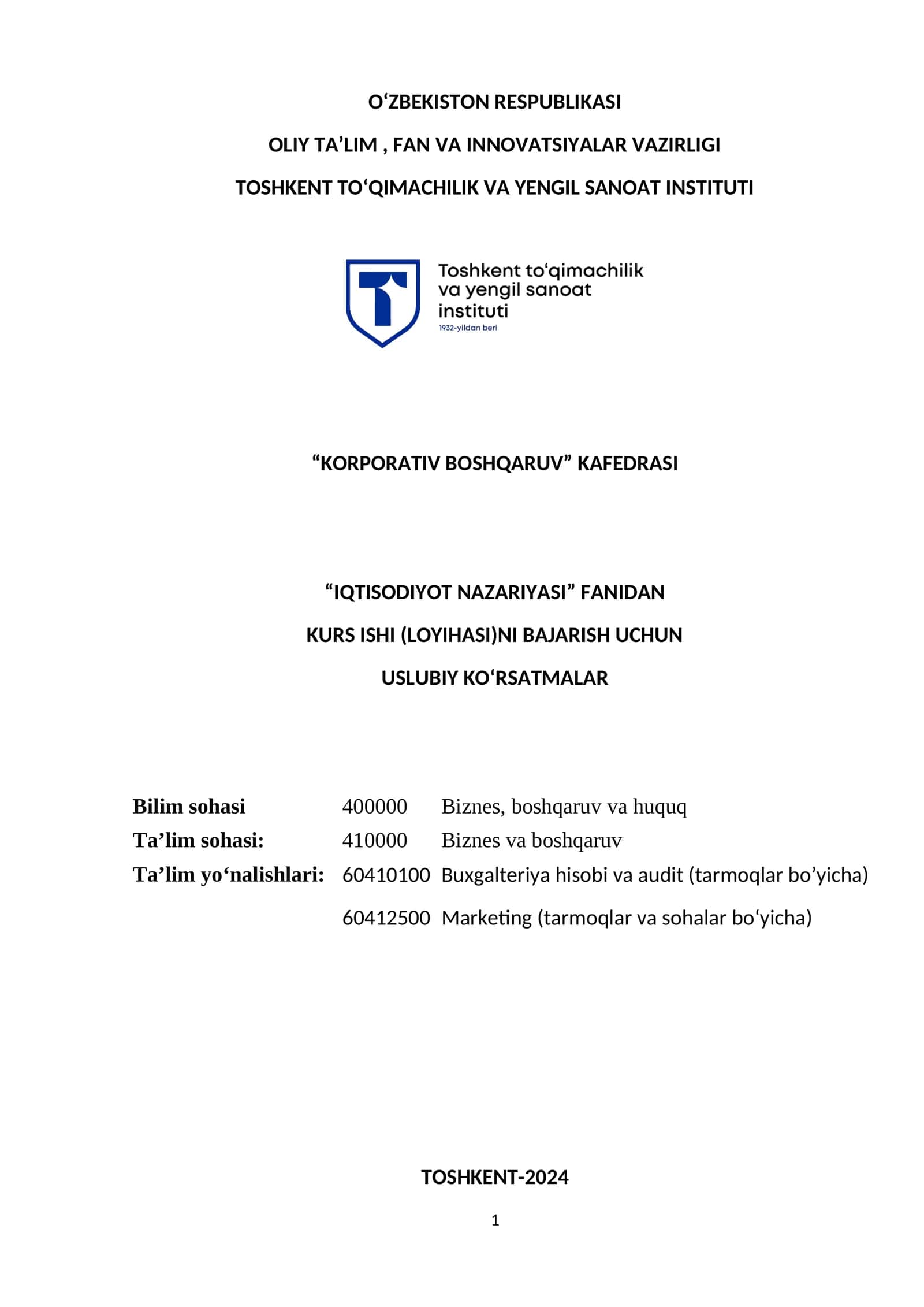 Kurs ishi (Loyihasi)ni bajarish uchun 1