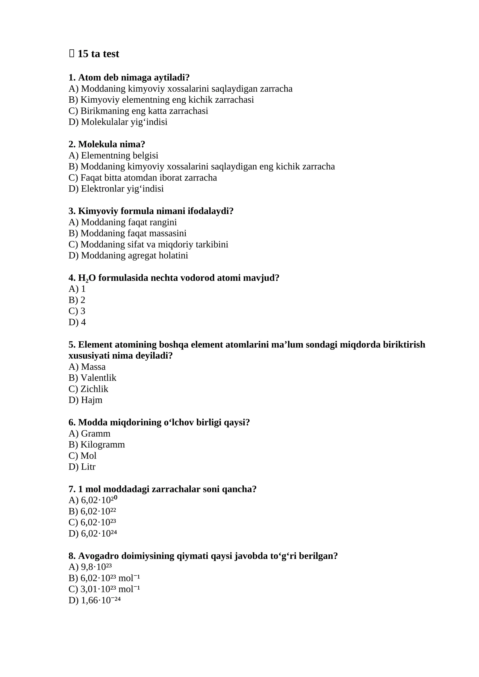 Kimyoviy test 1