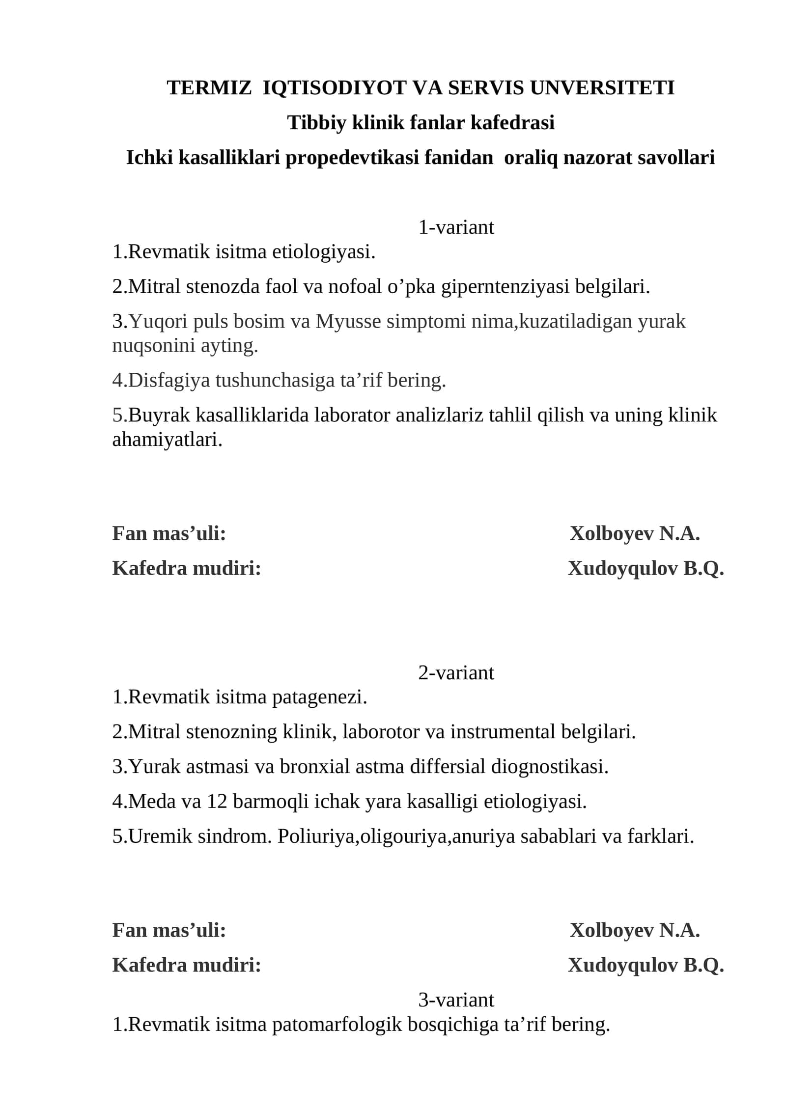 Ichki kasalliklari propedevtikasi fanidan oraliq nazorat savollari 1