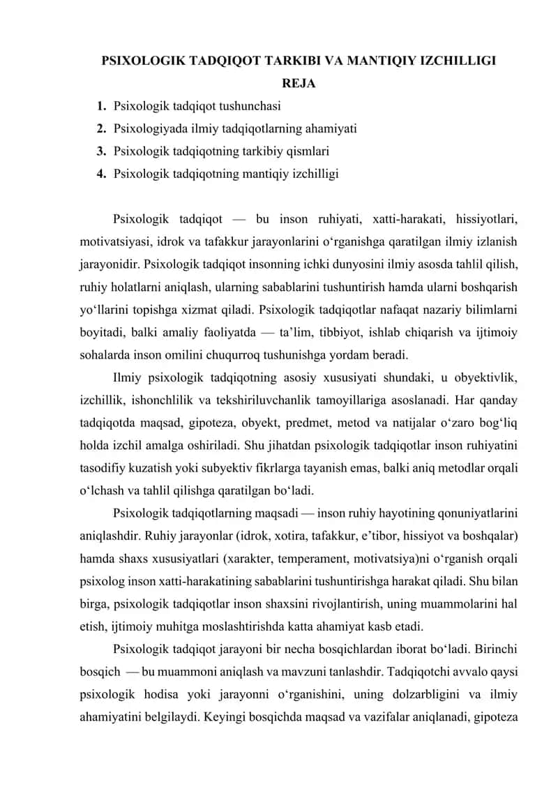 REFERAT PSIXOLOGIK TADQIQOT TARKIBI VA MANTIQIY IZCHILLIGI 1