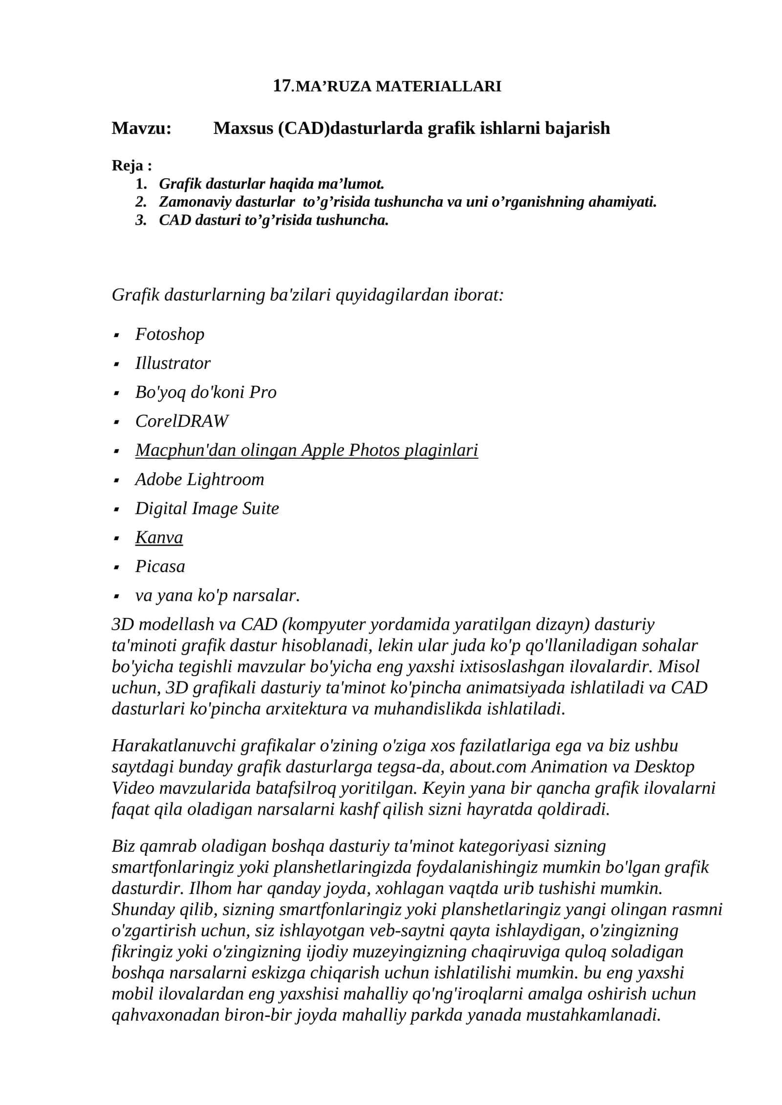 Maxsus (CAD)dasturlarda grafik ishlarni bajarish 1