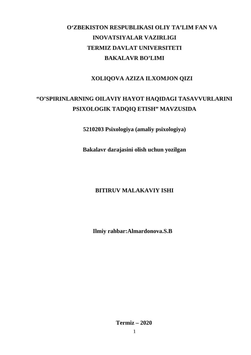 O‘SPIRINLARNING OILAVIY HAYOT HAQIDAGI TASAVVURLARINI PSIXOLOGIK TADQIQ ETISH 1