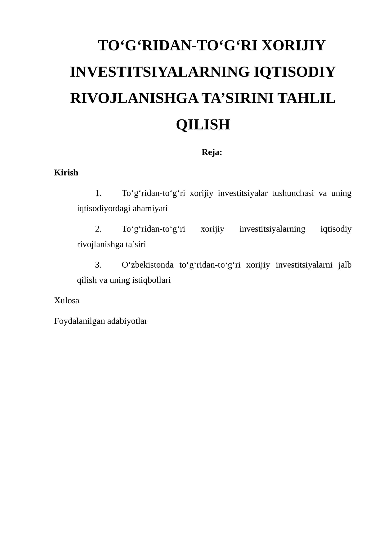 To‘g‘ridan-to‘g‘ri xorijiy investitsiyalarning iqtisodiy rivojlanishga ta’sirini tahlil qilish 1