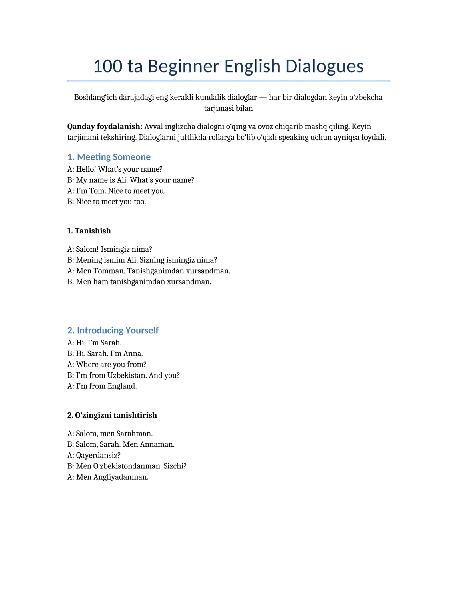 100 ta Beginner English Dialogues — Ingliz tili uchun 100 ta kundalik dialogspe 1