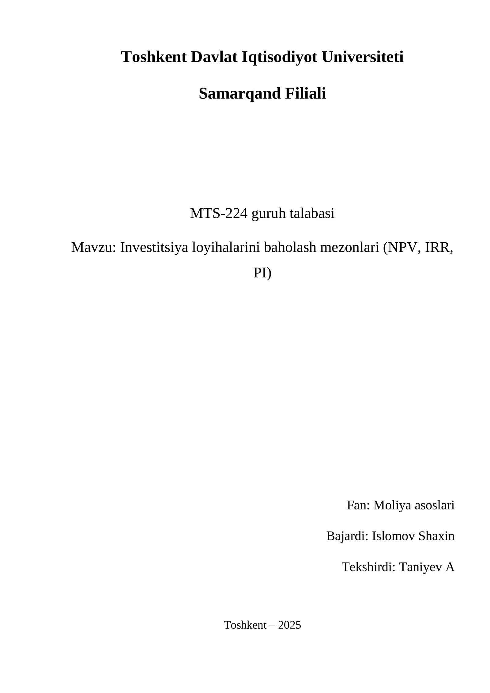 Investitsiya loyihalarini baholash mezonlari (NPV, IRR, PI) 1