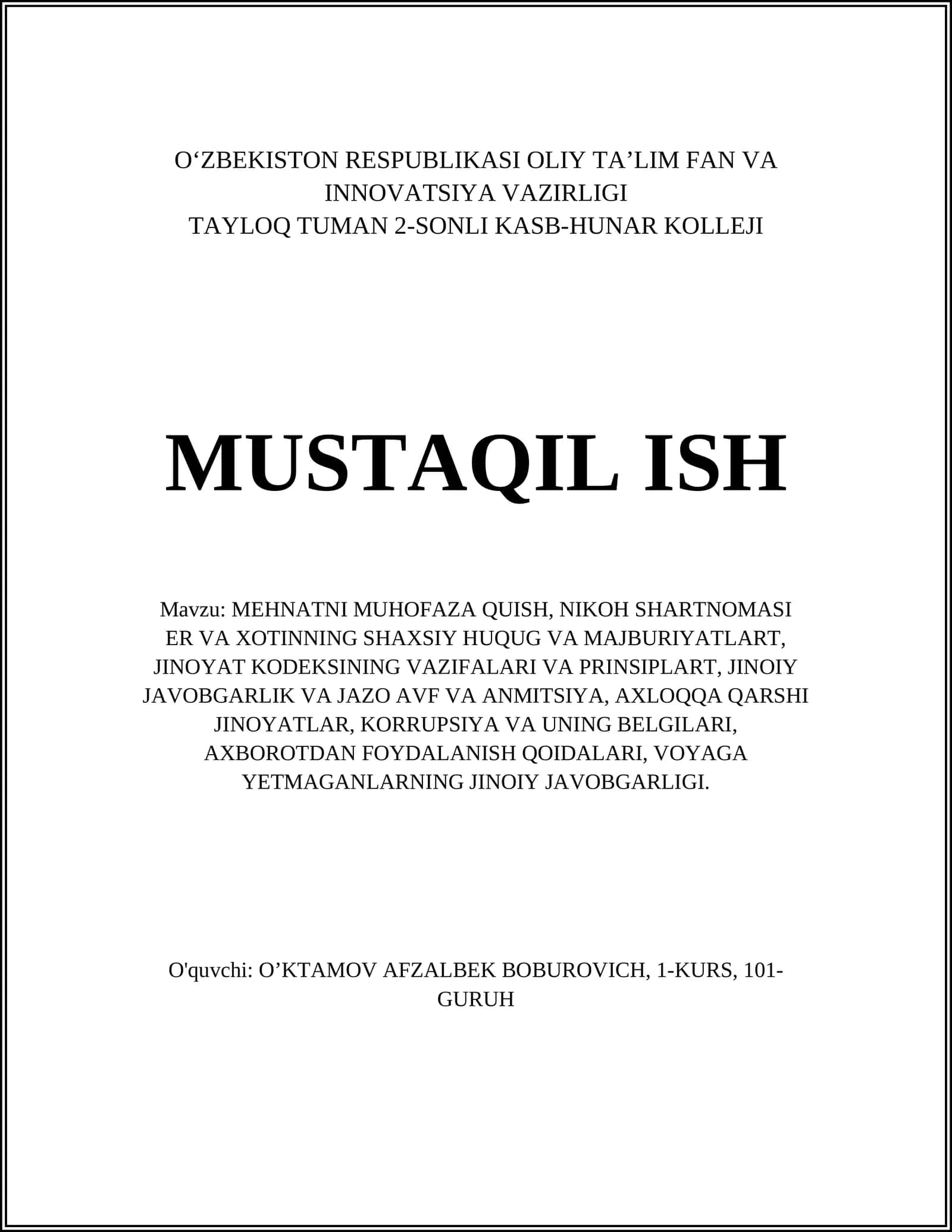 MEHNATNI MUHOFAZA QUISH, NIKOH SHARTNOMASI 1