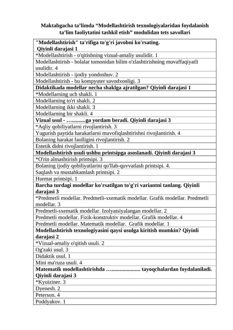 Maktabgacha ta’limda “Modellashtirish texnologiyalaridan foydalanish ta’lim faoliytatini tashkil etish” modulidan tets savollari 1