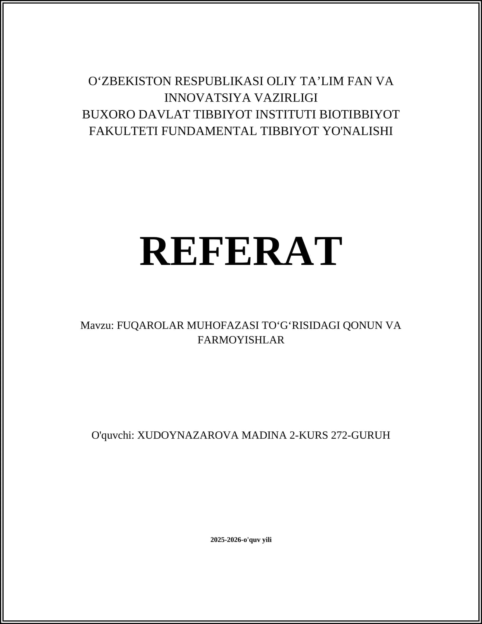 FUQAROLAR MUHOFAZASI TOʻGʻRISIDAGI QONUN VA FARMOYISHLAR 1
