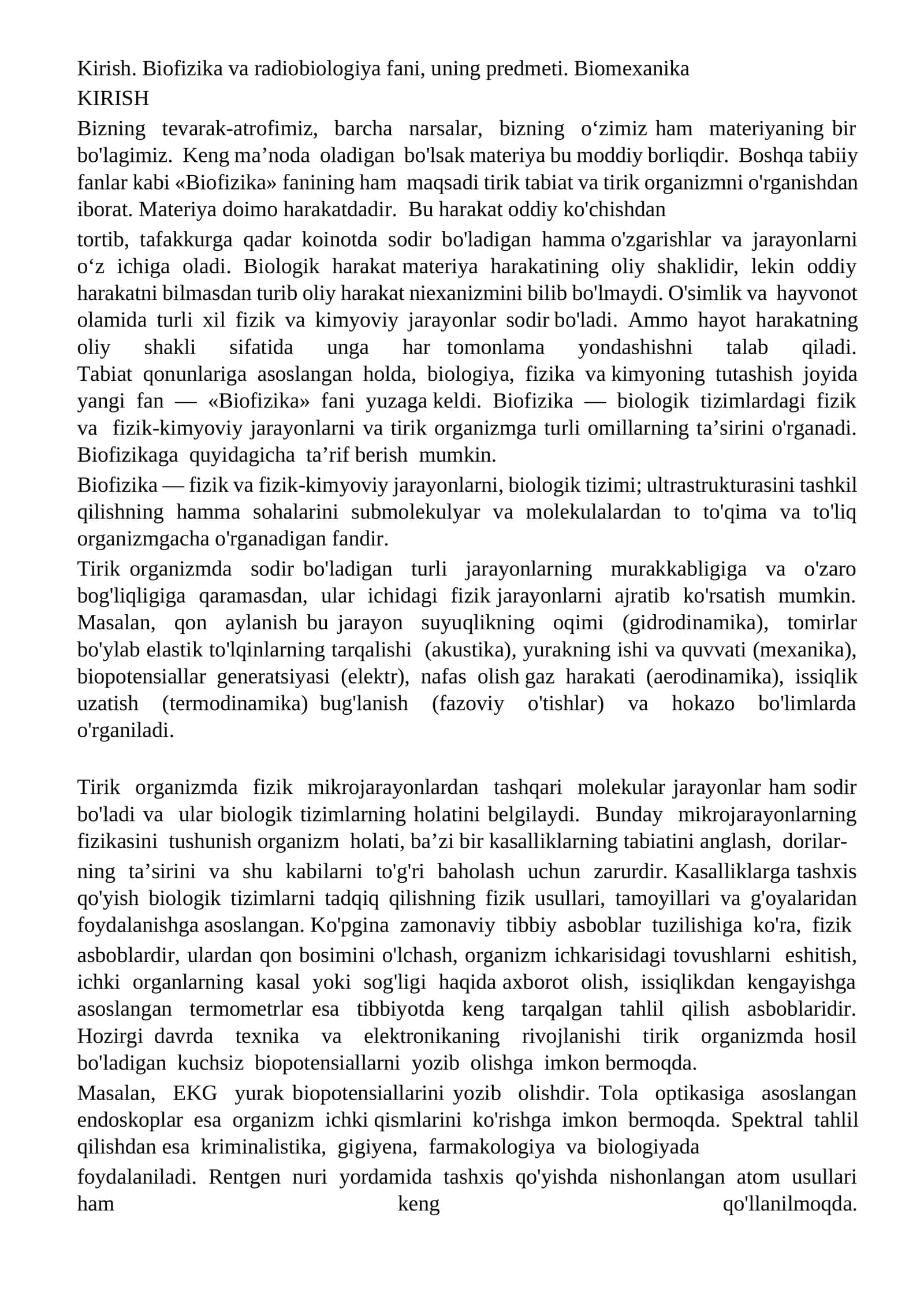 Kirish. Biofizika va radiobiologiya fani, uning predmeti. Biomexanika 1