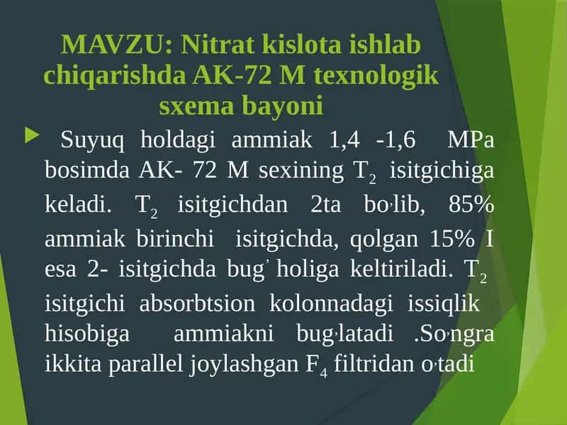 Nitrat kislota ishlab chiqarishda AK-72 M texnologik sxema bayoni 1