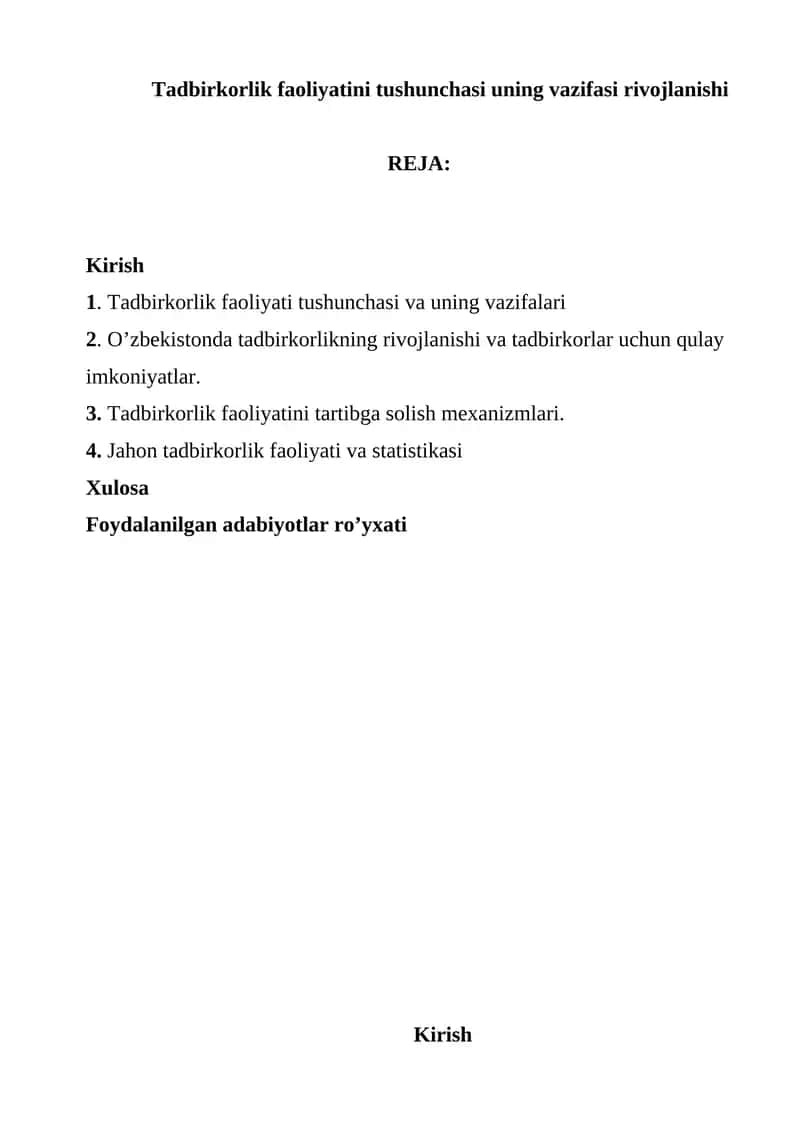 Tadbirkorlik faoliyatini tushunchasi va uning vazifalari 1