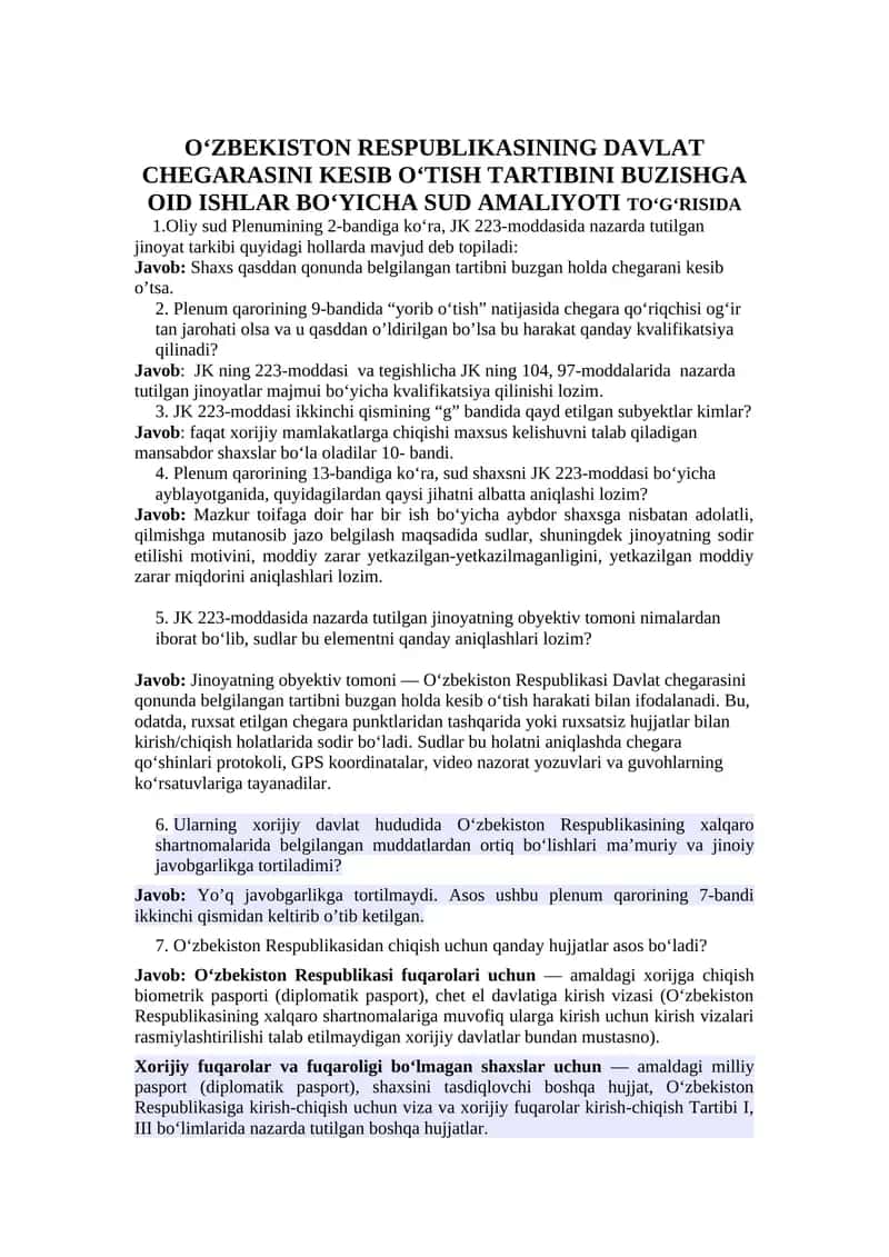 OʻZBEKISTON RESPUBLIKASINING DAVLAT CHEGARASINI KESIB OʻTISH TARTIBINI BUZISHGA OID ISHLAR BOʻYICHA SUD AMALIYOTI TOʻGʻRISIDA 1