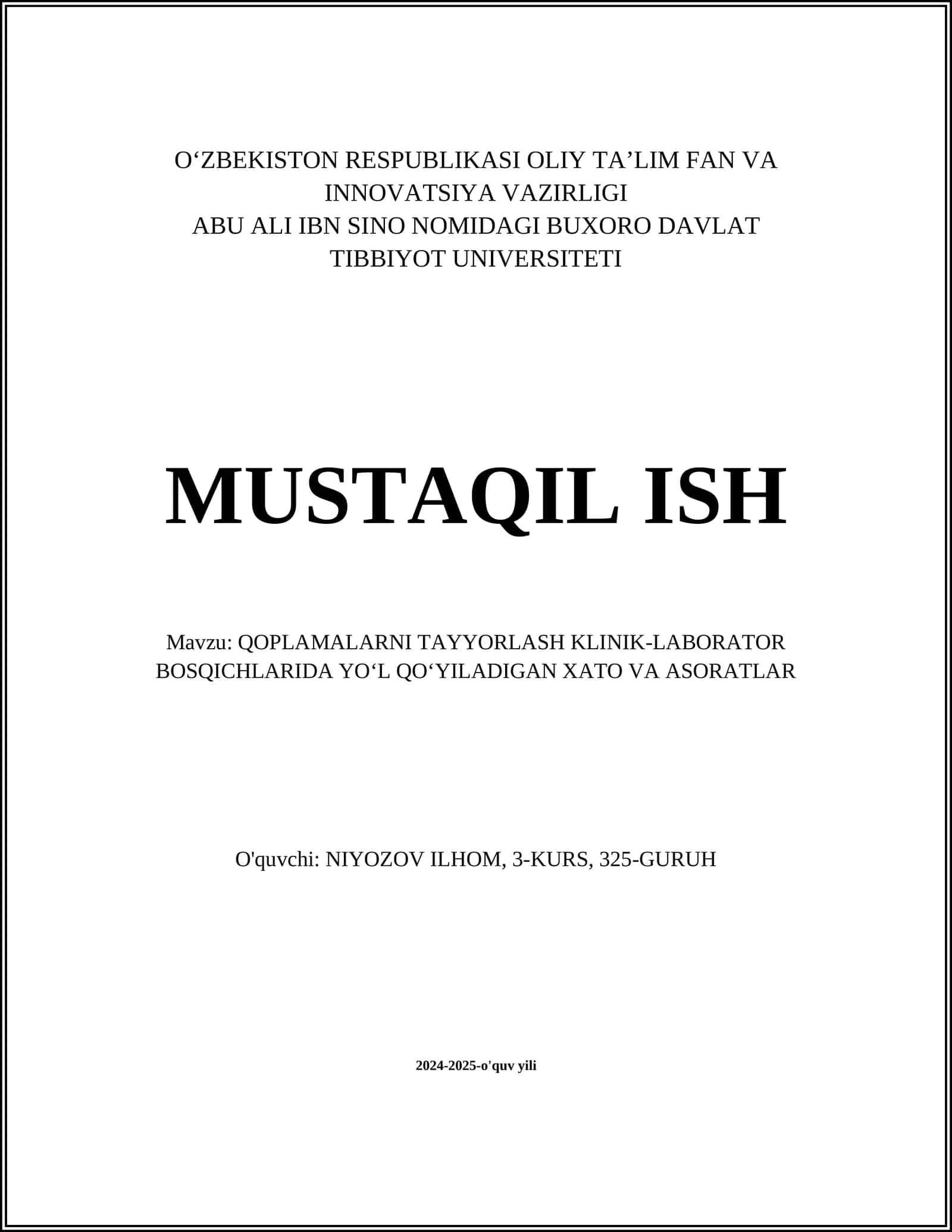 QOPLAMALARNI TAYYORLASH KLINIK-LABORATOR BOSQICHLARIDA YOʻL QOʻYILADIGAN XATO VA ASORATLAR 1