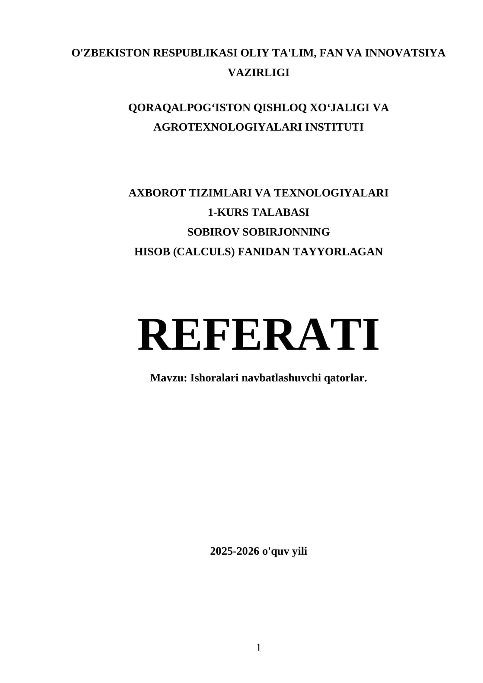 SOBIROV SOBIRJONNING HISOB (CALCULS) FANIDAN TAYYORLAGAN REFERATI 1
