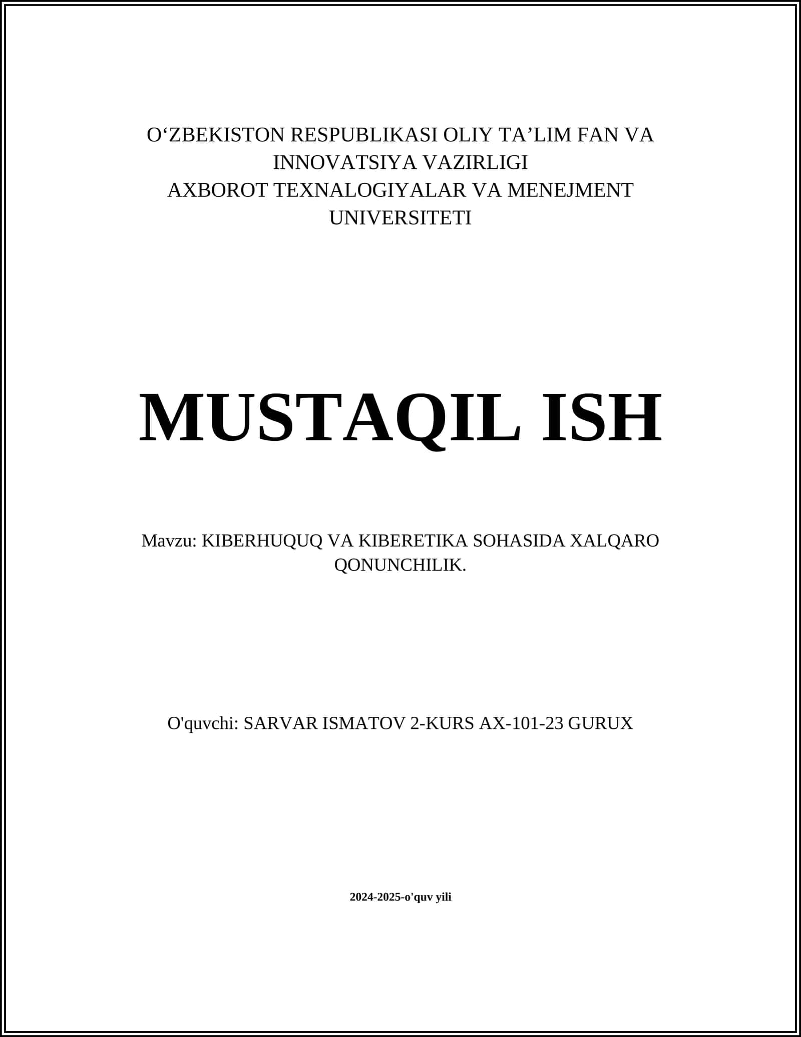 KIBERHUQUQ VA KIBERETIKA SOHASIDA XALQARO QONUNCHILIK 1