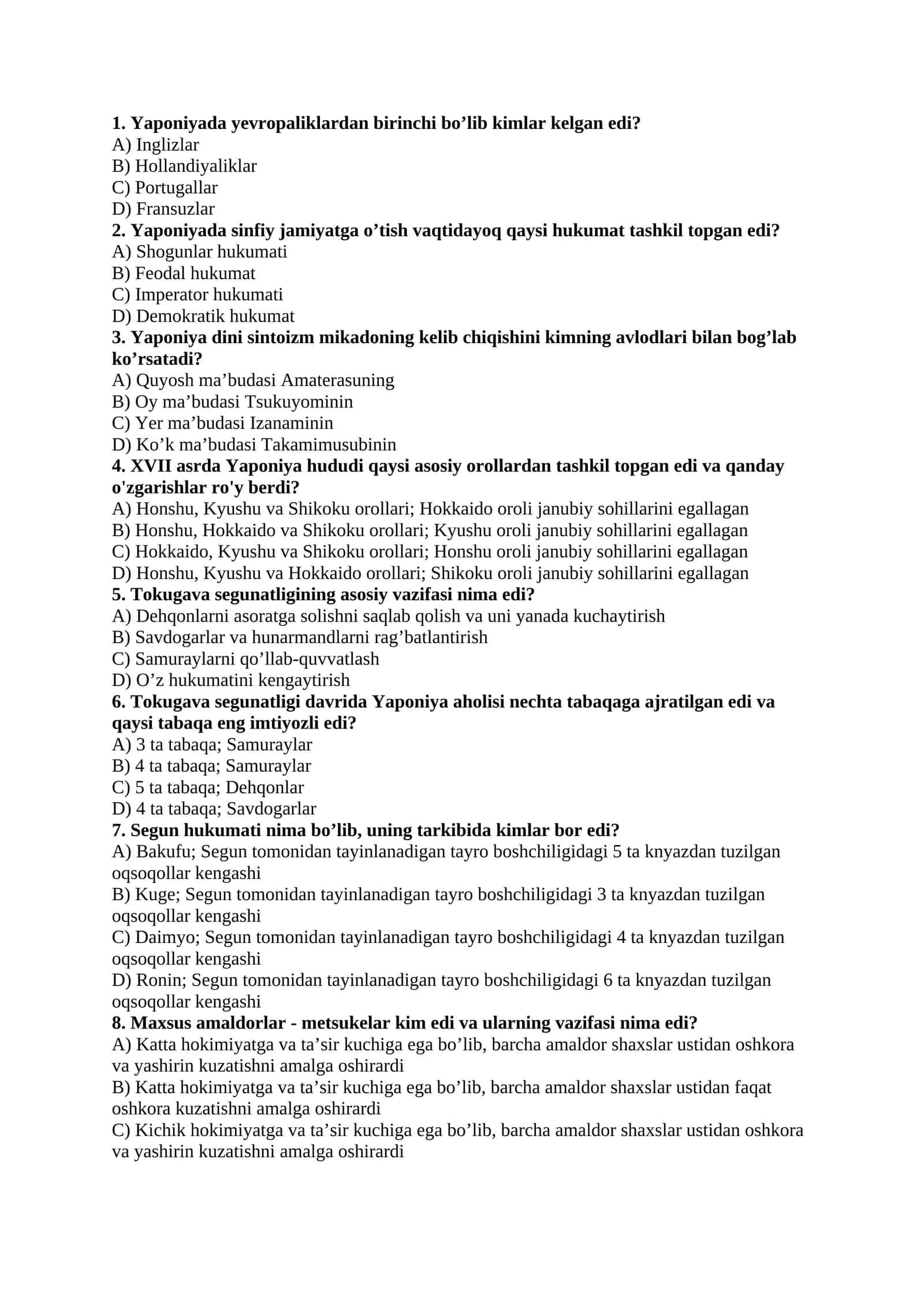 Yaponiya tarixidan savollar 1