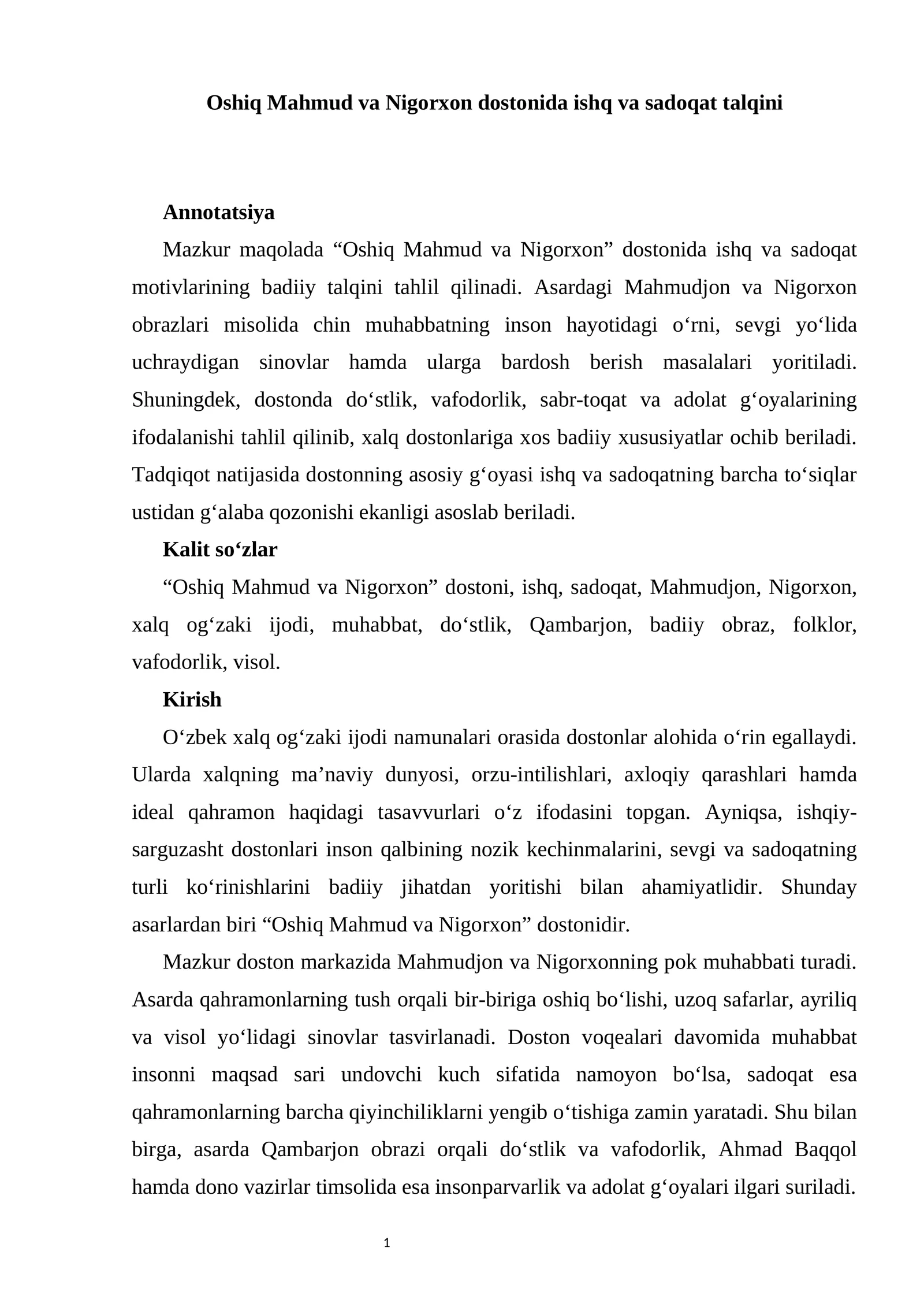 Oshiq Mahmud va Nigorxon dostonida ishq va sadoqat talqini 1