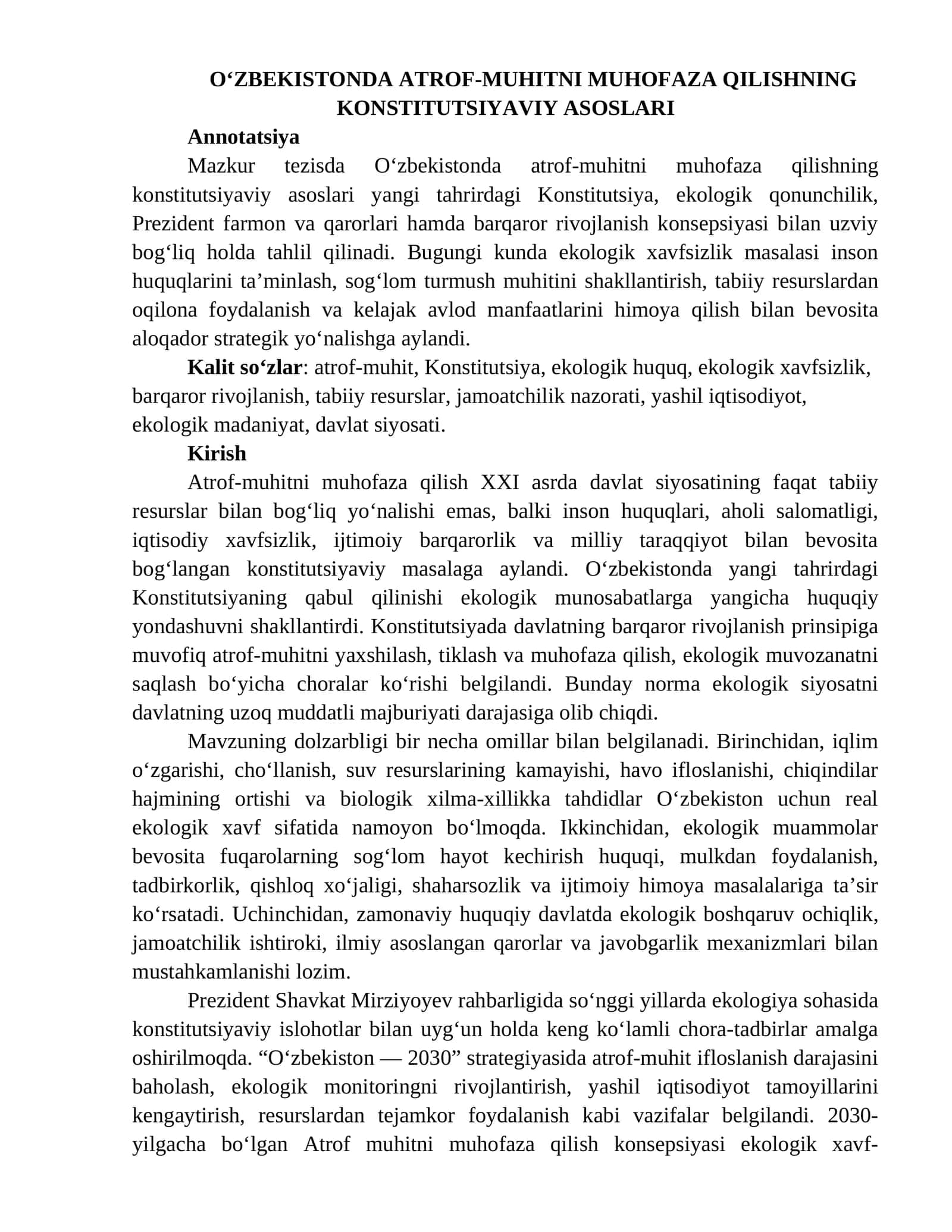 O‘ZBEKISTONDA ATROF-MUHITNI MUHOFAZA QILISHNING KONSTITUTSIYAVIY ASOSLARI 1