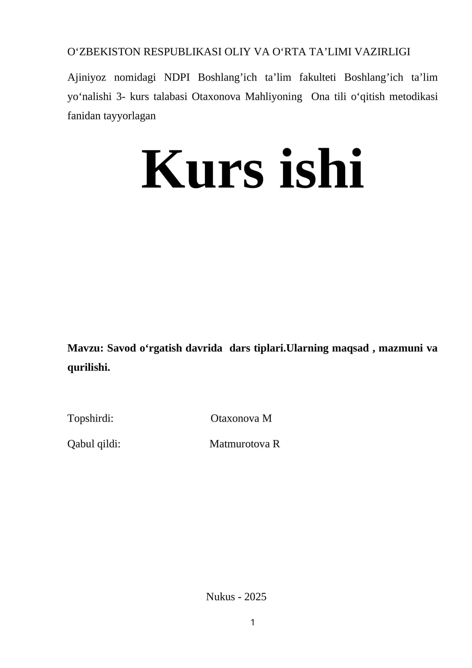 Otaxonova Mahliyoning Ona tili o‘qitish metodikasi 1