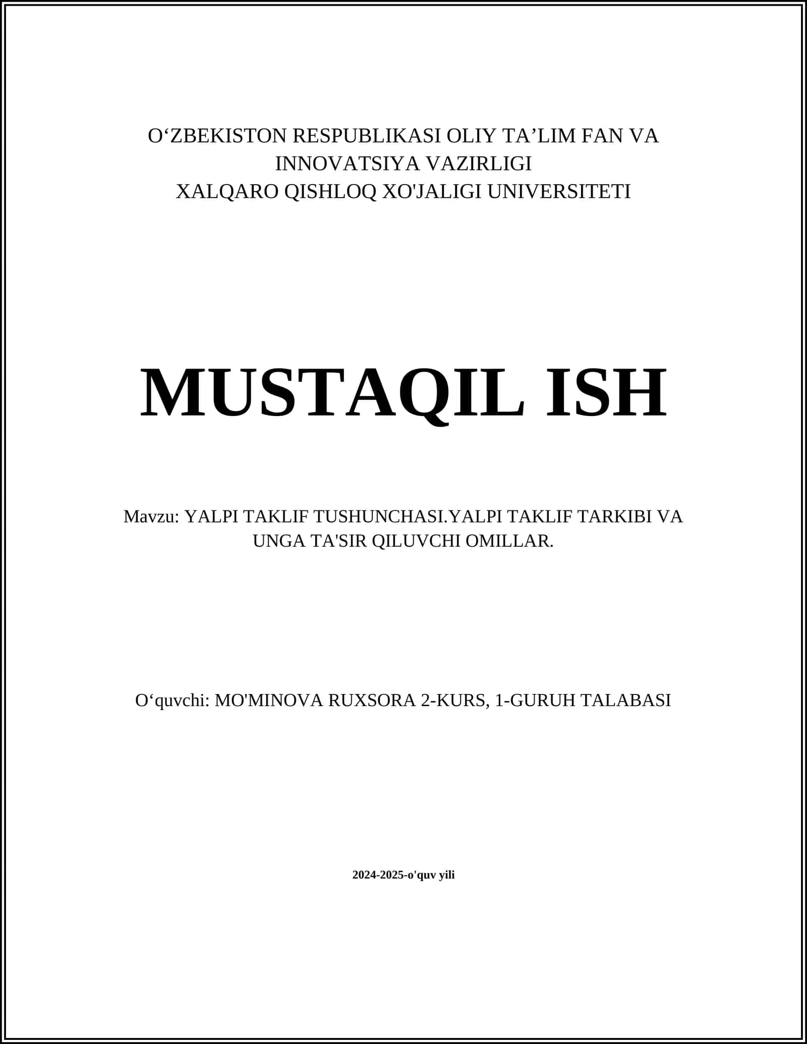Yalpi Taklif Tushunchasi 1