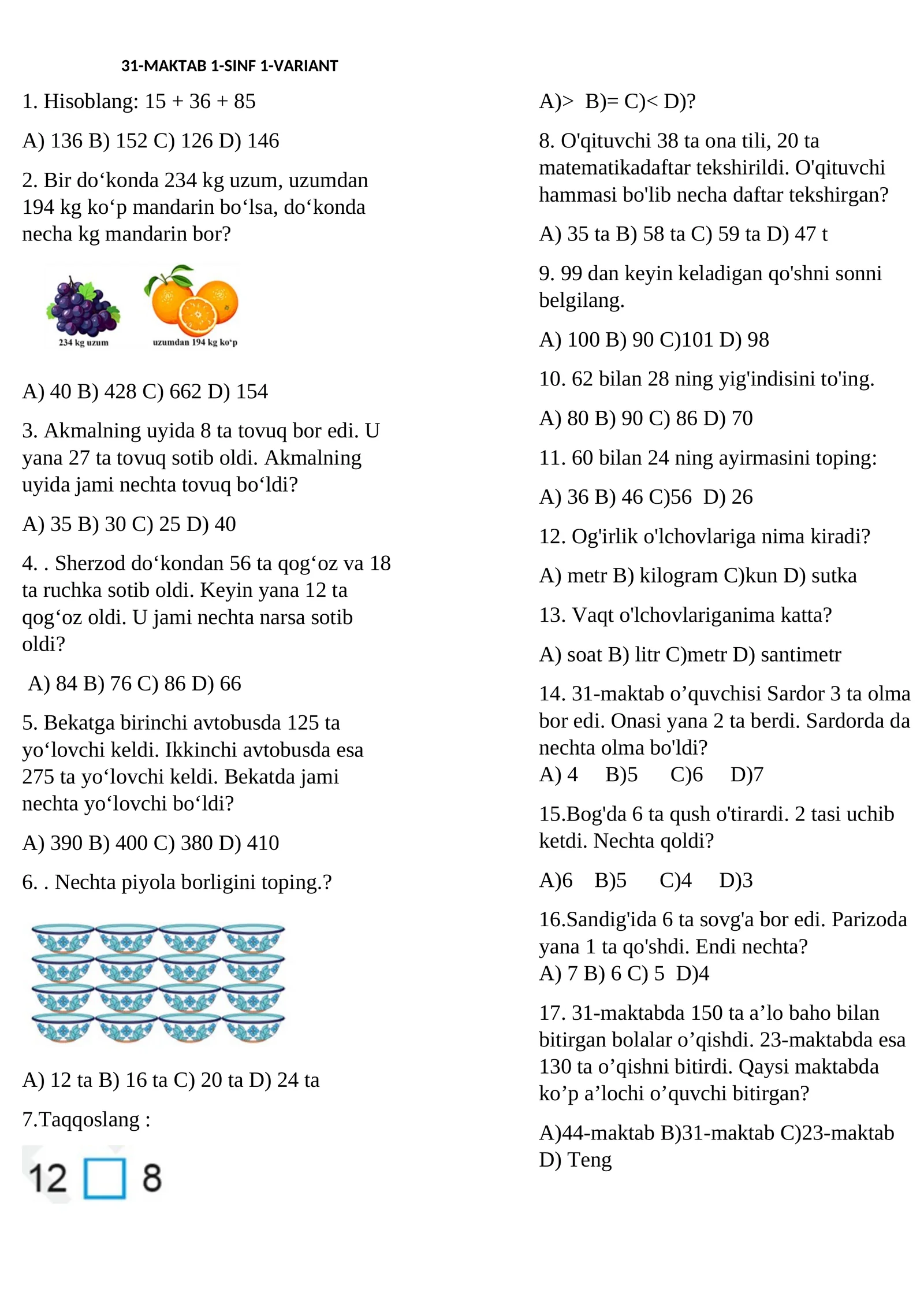 1-sinf Matematika test 1
