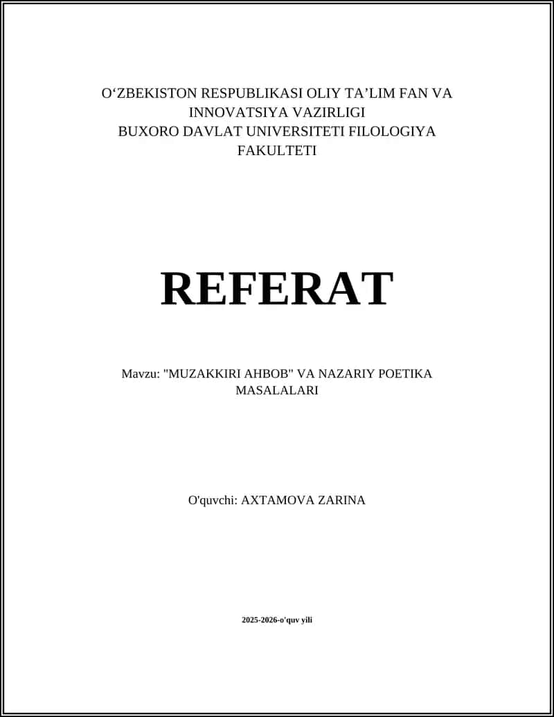 "MUZAKKIRI AHBOB" VA NAZARIY POETIKA MASALALARI 1
