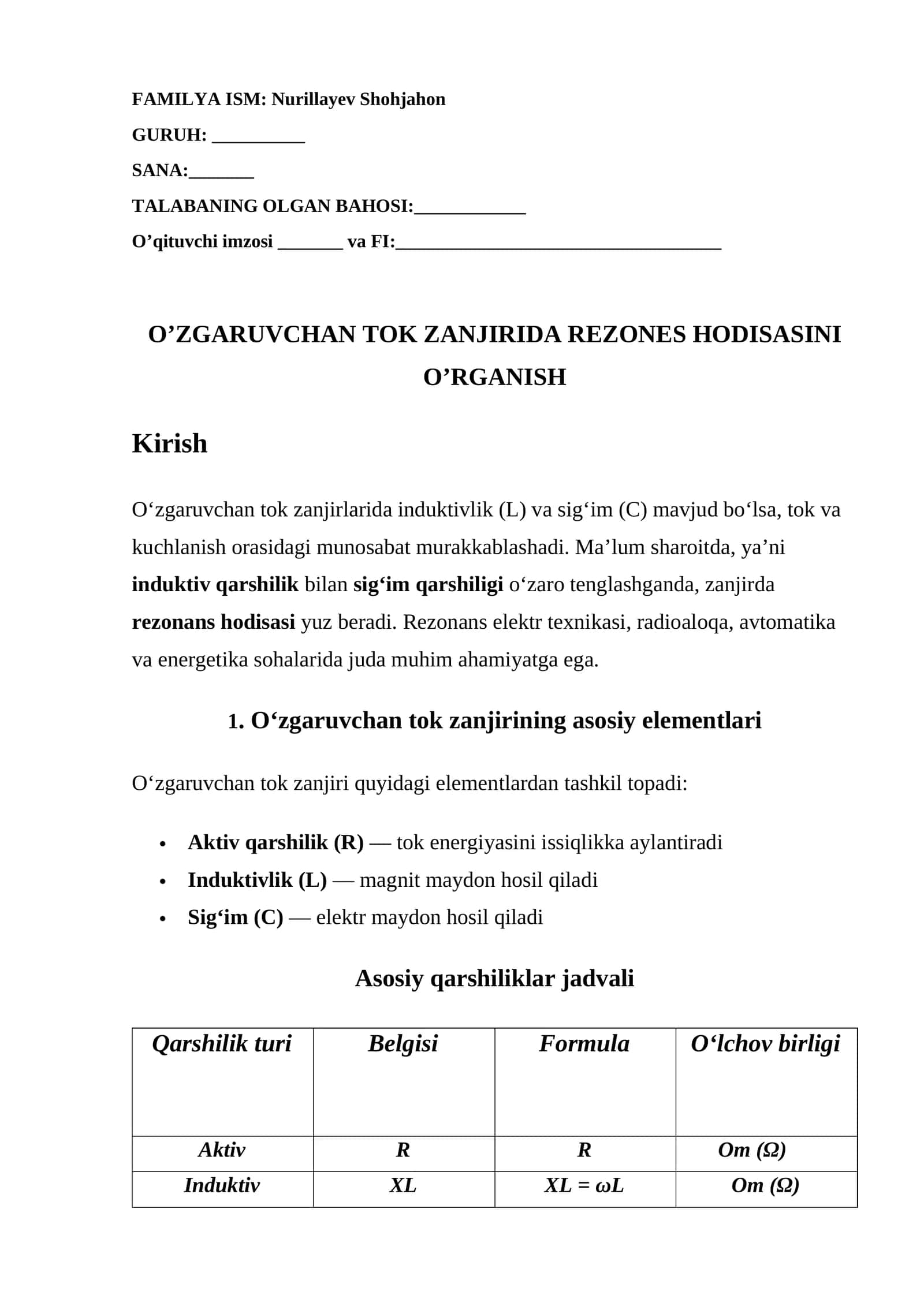 O’ZGARUVCHAN TOK ZANJIRIDA REZONES HODISASINI O’RGANISH 1
