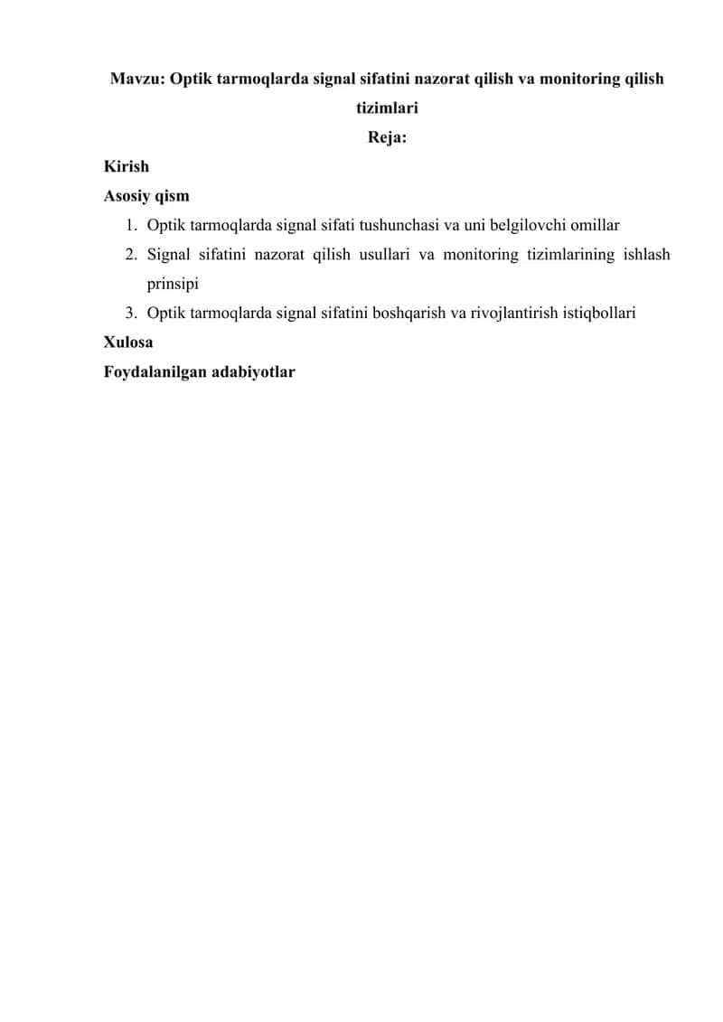 Optik tarmoqlarda signal sifatini nazorat qilish va monitoring qilish tizimlari 1
