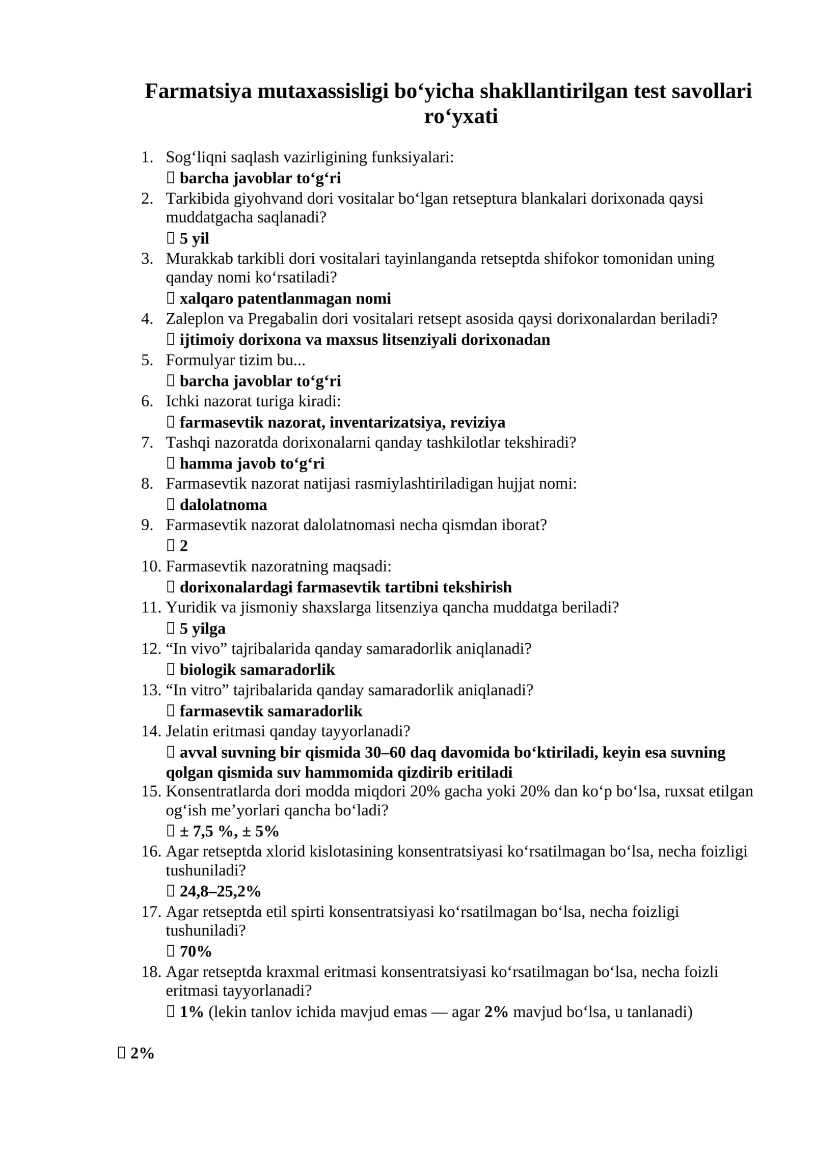 Farmatsiya mutaxassisligi boʻyicha shakllantirilgan test savollari roʻyxati javoblari bilan 1