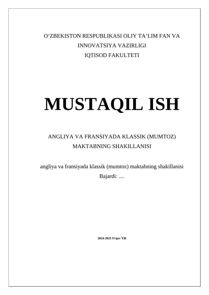Angliya va Fransiyada klassik (mumtoz) maktabning shakillanisi 1