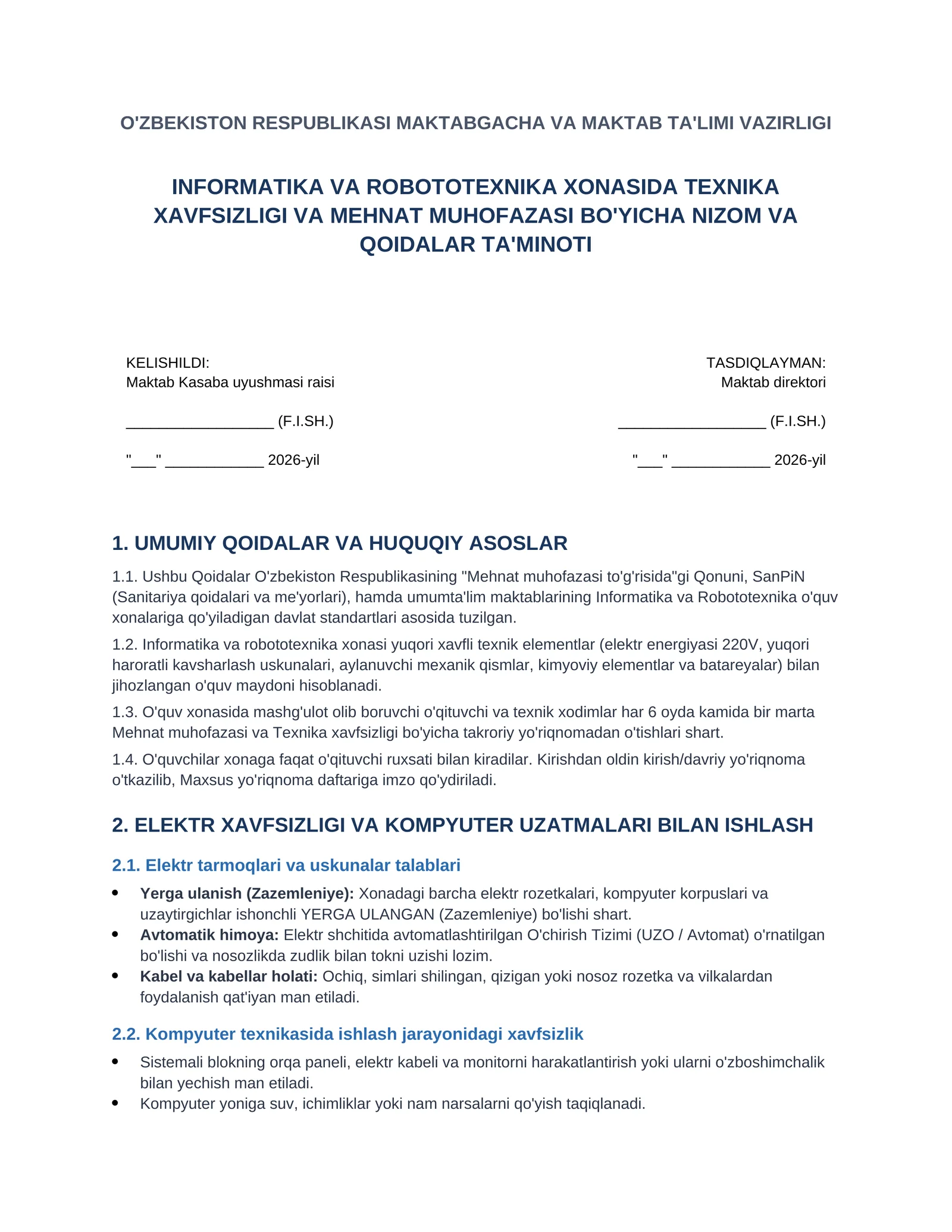 Texnika xavfsizligi qoidalari (Informatika, robototexnika va fizika laboratoriya xonalari uchun) 1