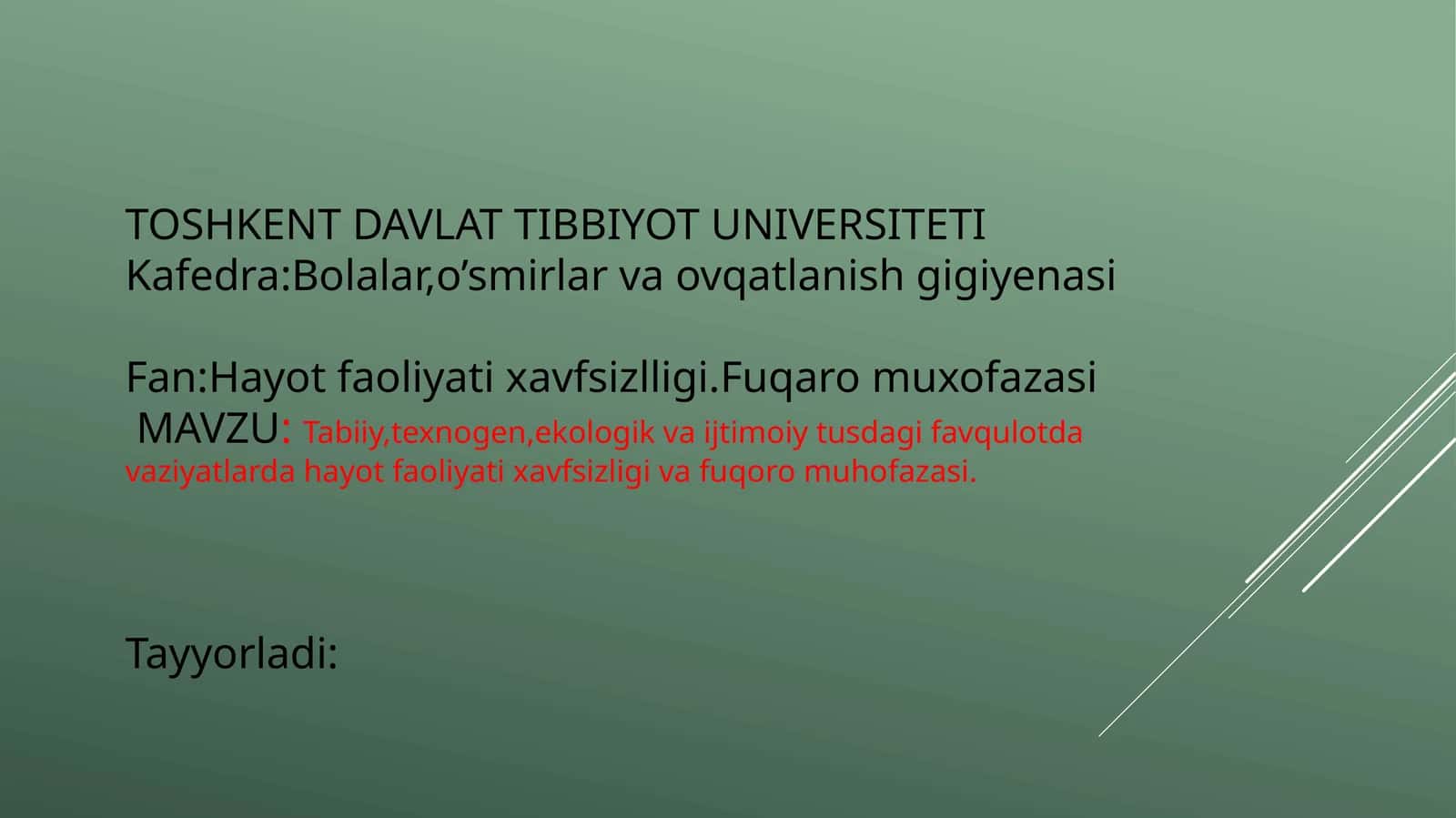 Tabiiy, texnogen, ekologik va ijtimoiy tushlar dagi favqulot davaziyatlari haqida 1