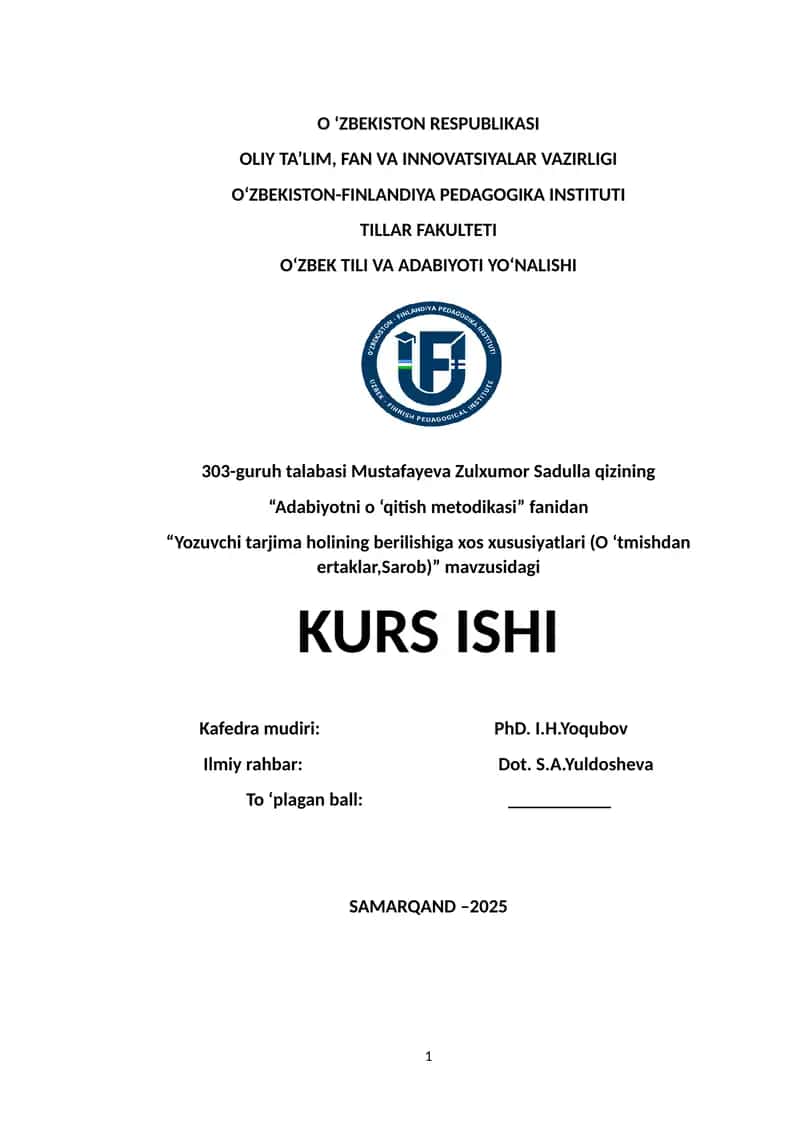 Yozuvchi tarjima holining berilishiga xos xususiyatlari (O ‘tmishdan ertaklar,Sarob) 1