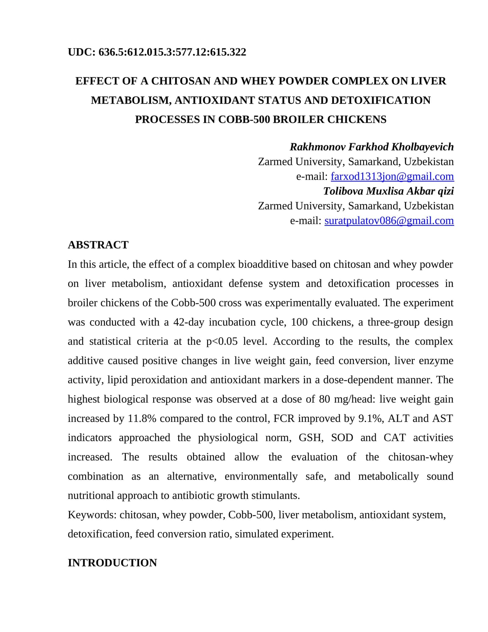 EFFECT OF A CHITOSAN AND WHEY POWDER COMPLEX ON LIVER METABOLISM, ANTIOXIDANT STATUS AND DETOXIFICATION PROCESSES IN COBB-500 BROILER CHICKENS 1