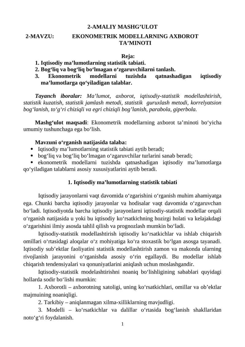 EKONOMETRIK MODELLARNING AXBOROT TA’MINOTI 1