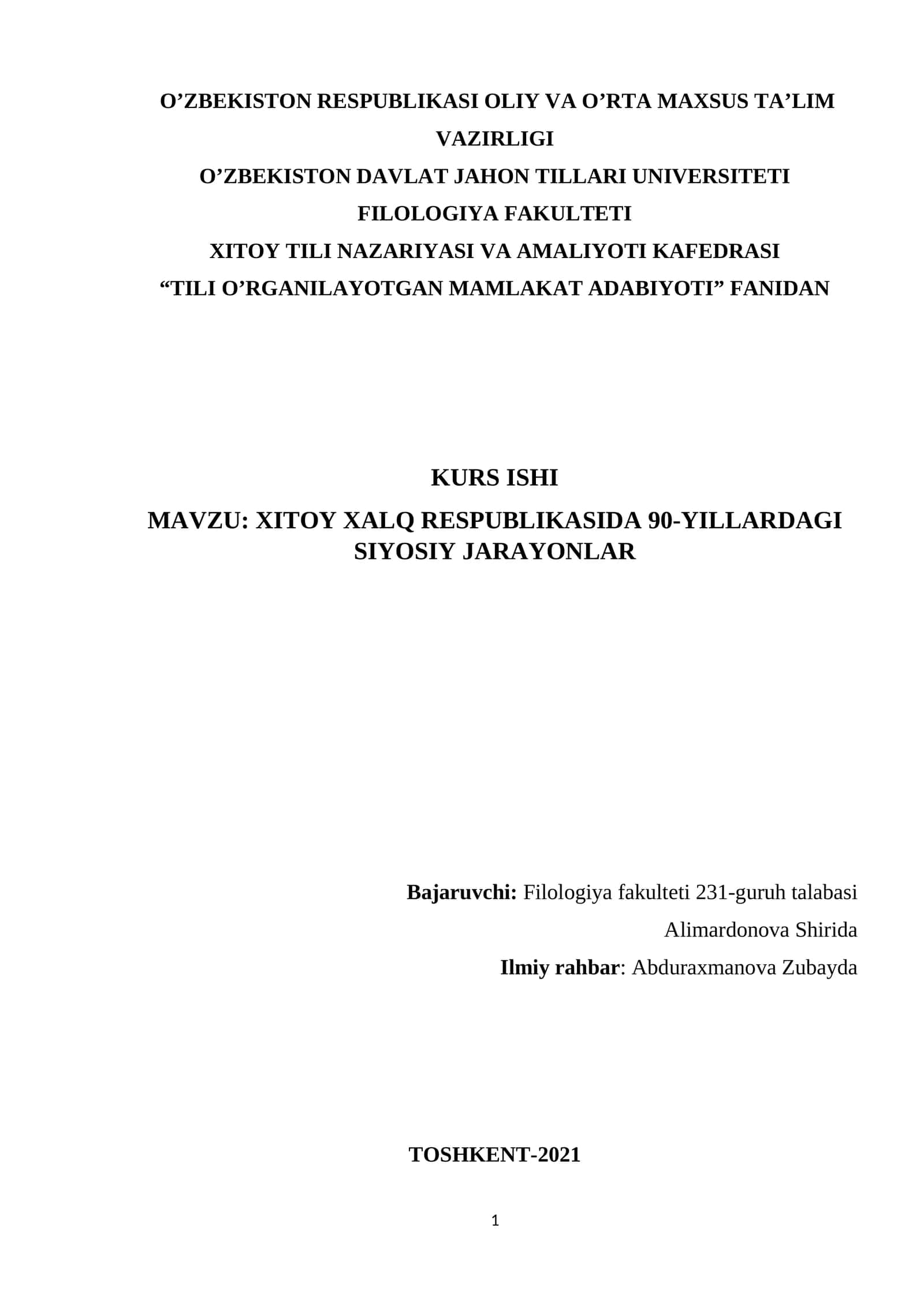 TILI O’RGANILAYOTGAN MAMLAKAT ADABIYOTI" FANIDAN KURS ISHI 1