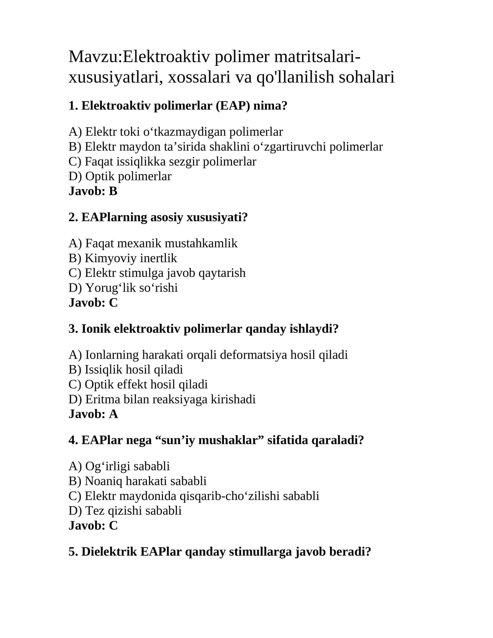 Elektroaktiv polimer matritsalari- xususiyatlari, xossalari va qo'llanilish sohalari 1