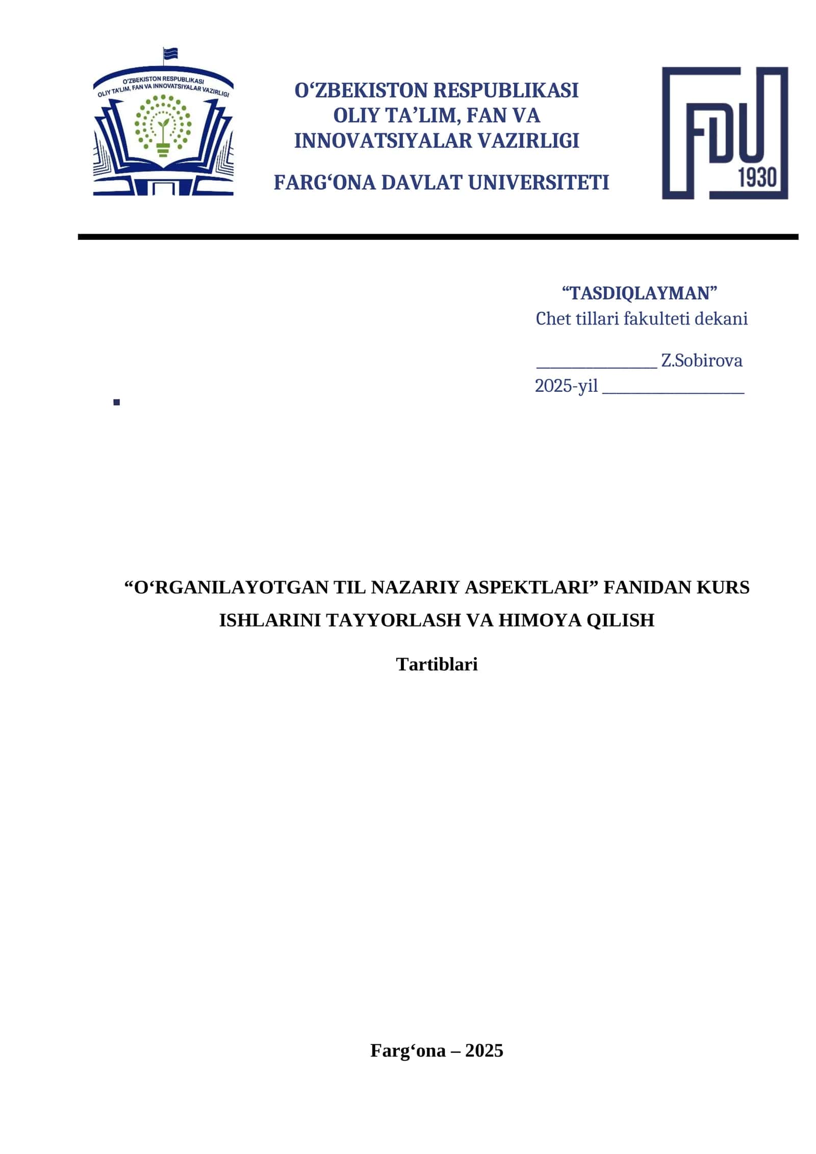 Kurs ishlari: Filologiya va tillarni o‘qitish: ingliz tili 1
