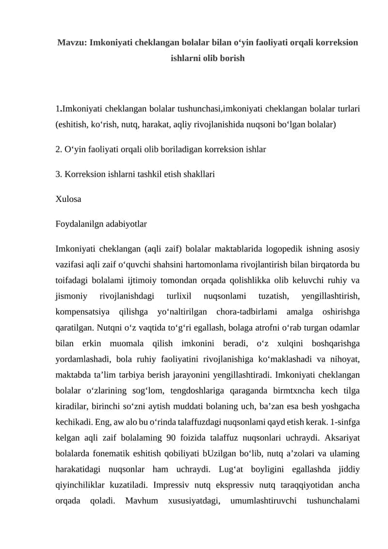 Imkoniyati cheklangan bolalar bilan o‘yin faoliyati orqali korreksion ishlarni olib borish 1