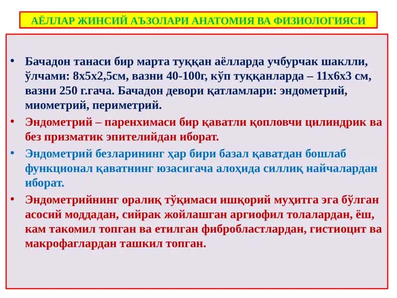 АЁЛЛАР ЖИНСИЙ АЪЗОЛАРИ АНАТОМИЯ ВА ФИЗИОЛОГИЯСИ 1