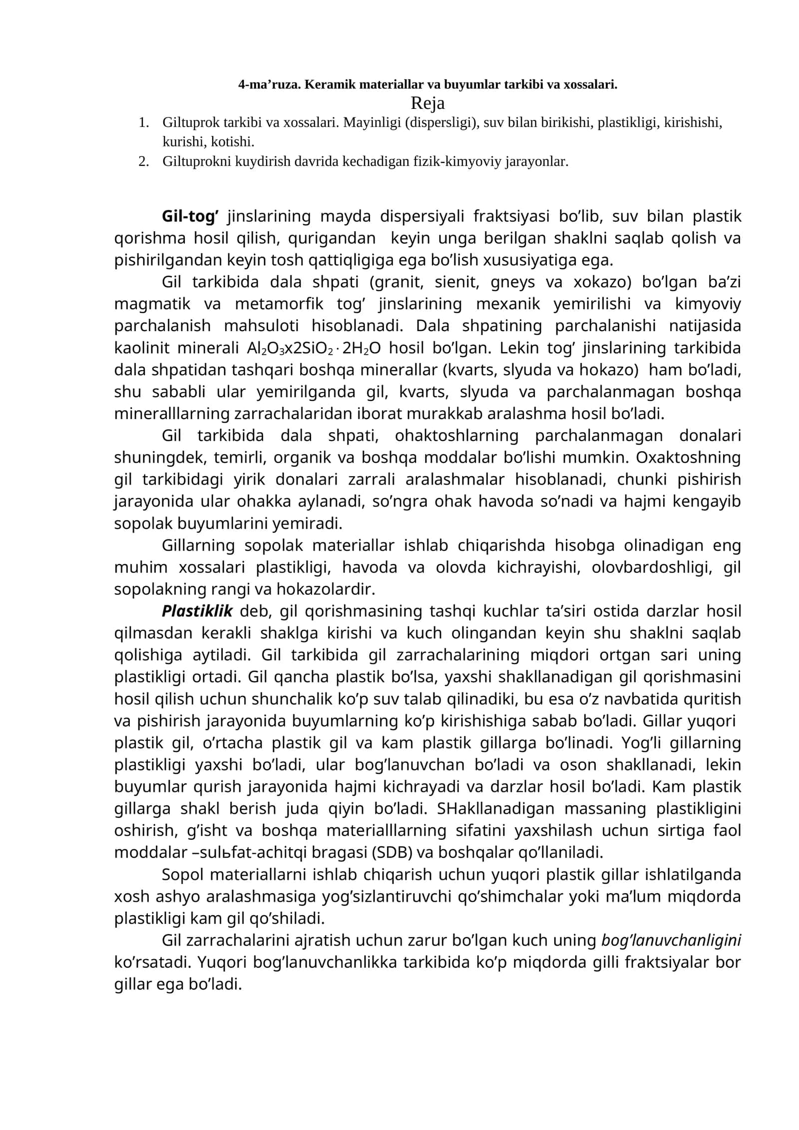 Keramik materiallar va buyumlar tarkibi va xossalari 1