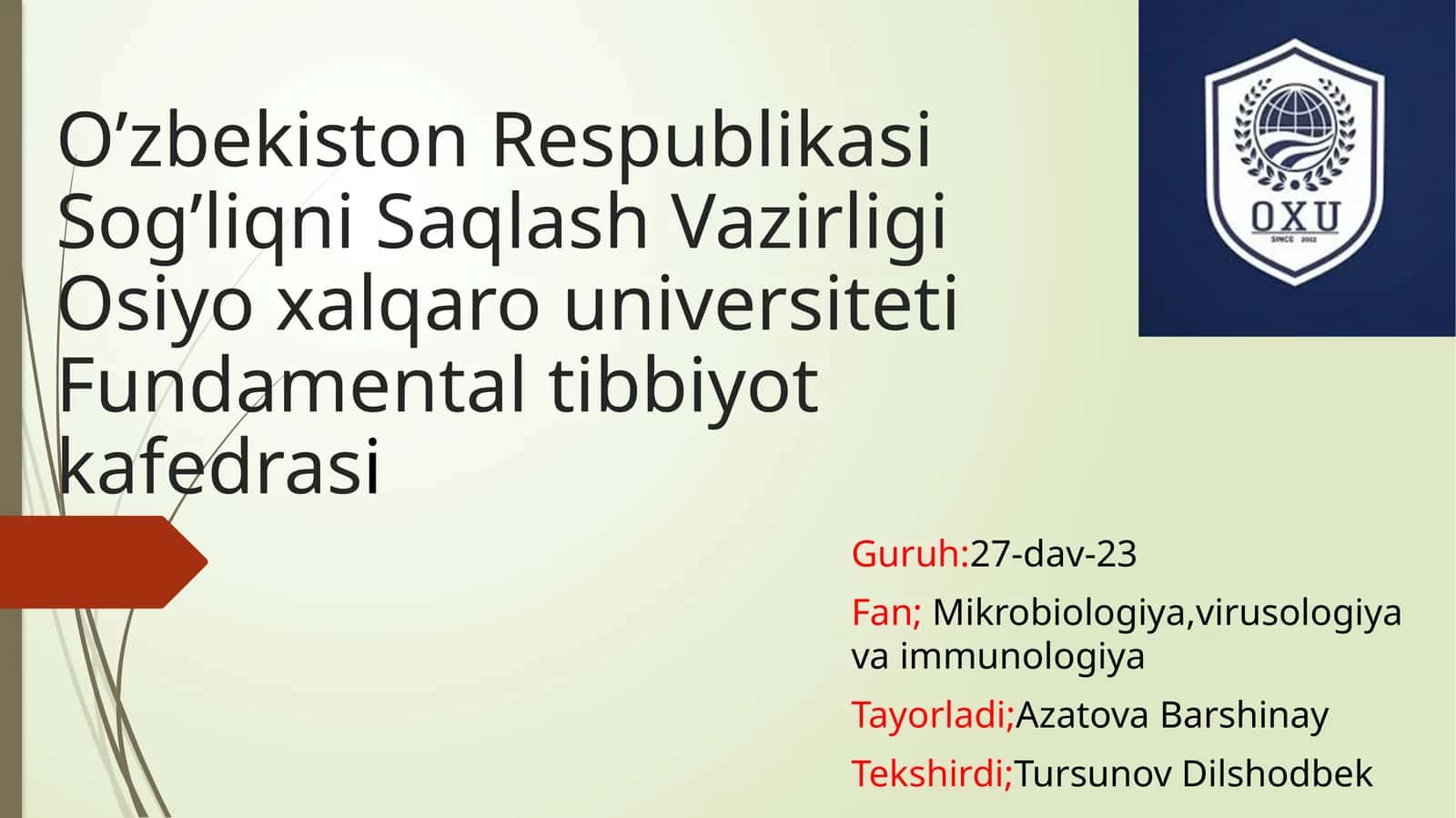 Mavzu;Leptospirozlar morfologiyasi,strukturasi,tarqalganligini keltirib chiqaruvchi kasalliklar labaratoriya diagnostikasi haqida to'liq ma'lumot 1