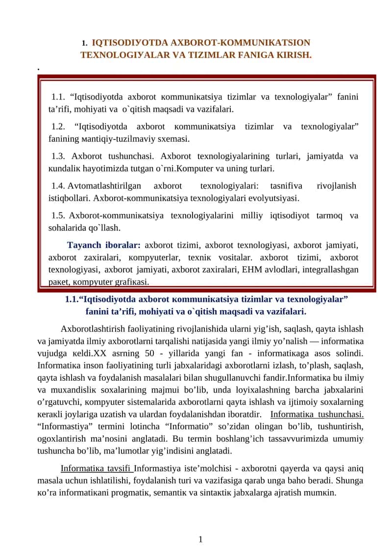 Iqtisodiyotda axborot kommunikatsiya tizimlari va texnologiyalar 1