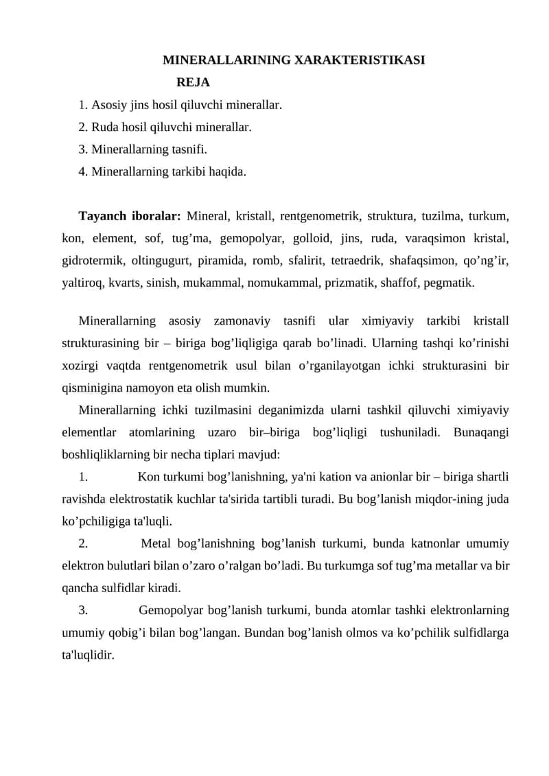 Minerallarning Xarakteristikasi 1