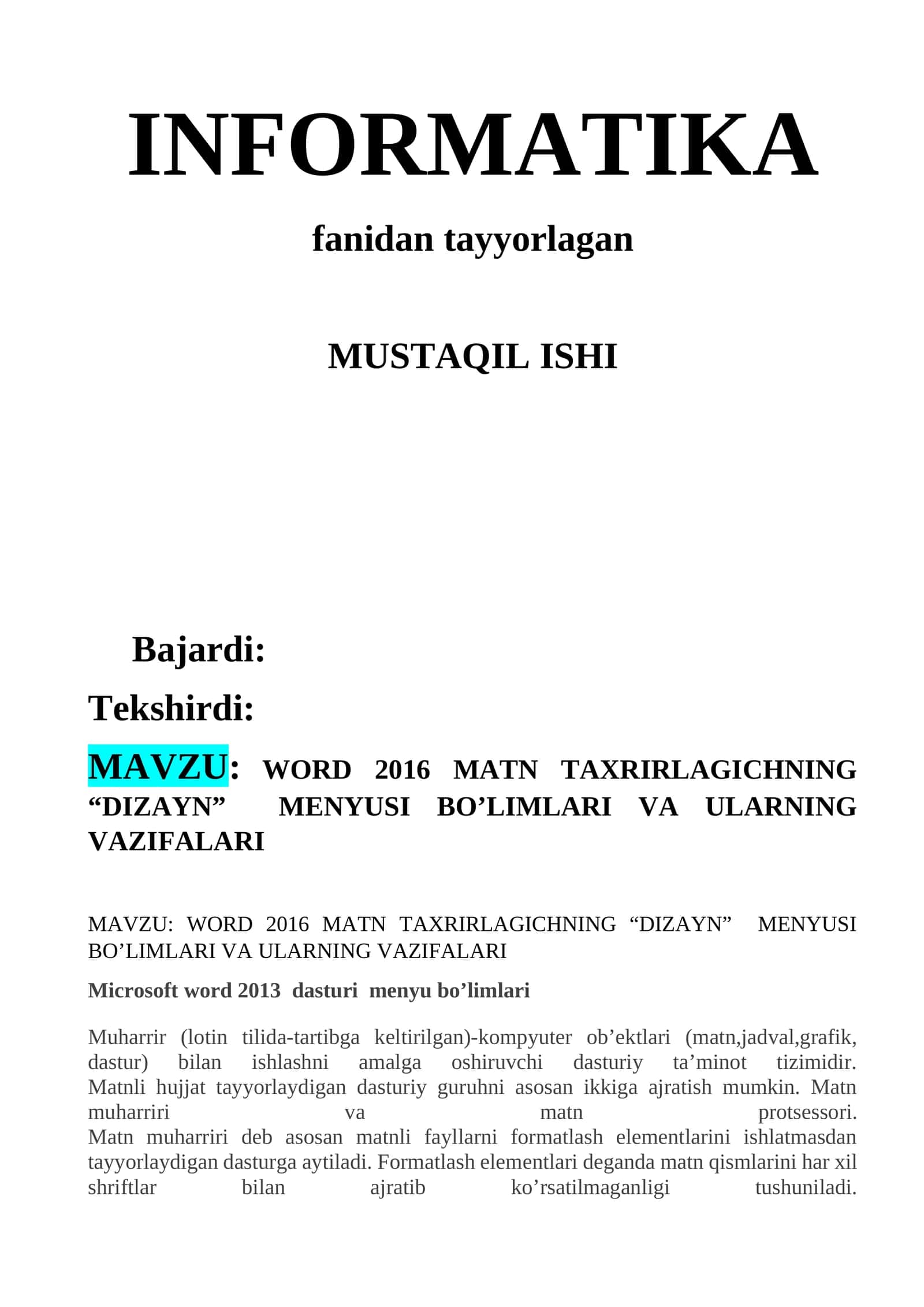 WORD 2016 MATN TAXRIRLAGICHNING “DIZAYN” MENYUSI BO’LIMLARI VA ULARNING VAZIFALARI 1