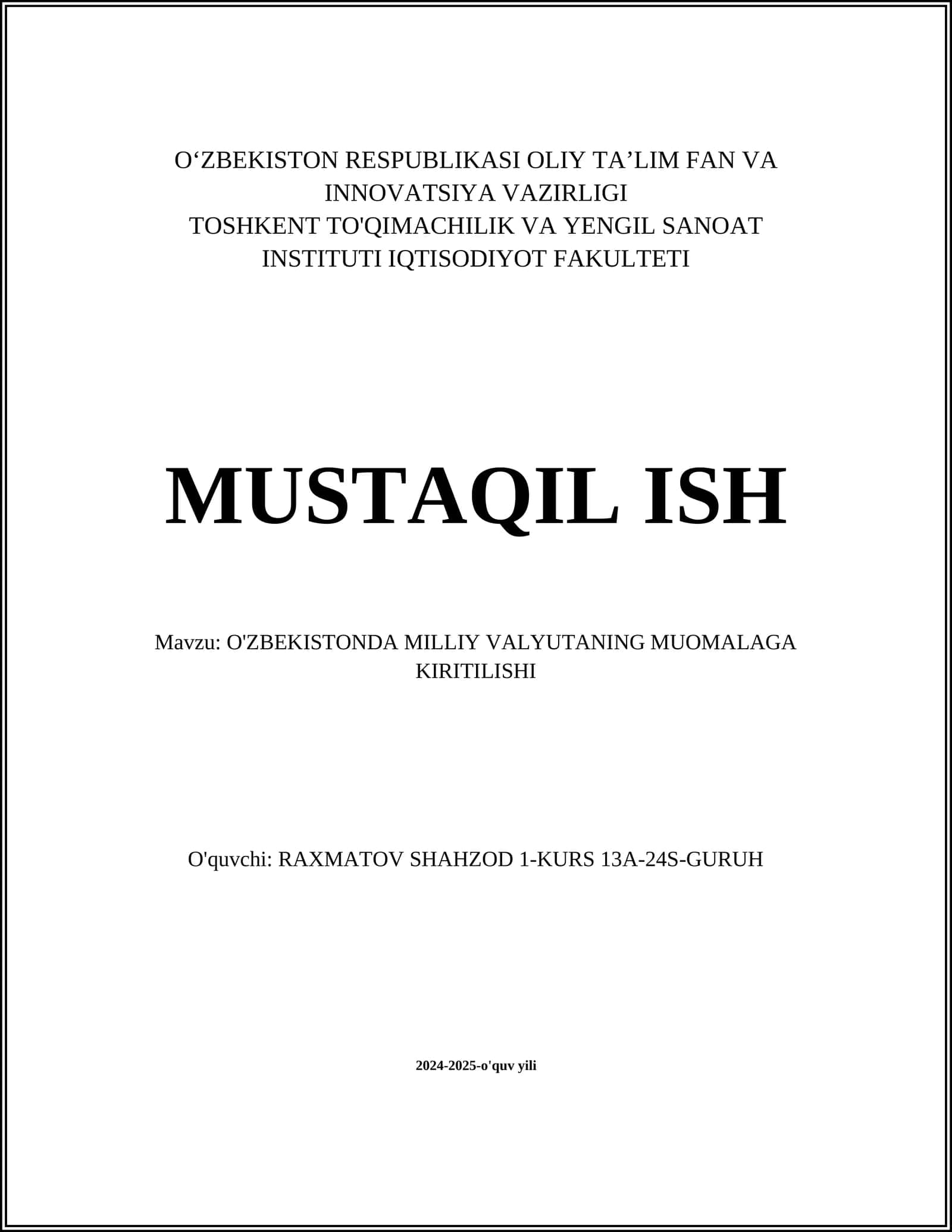 O'ZBEKISTONDA MILLIY VALYUTANING MUOMALAGA KIRITILISHI 1