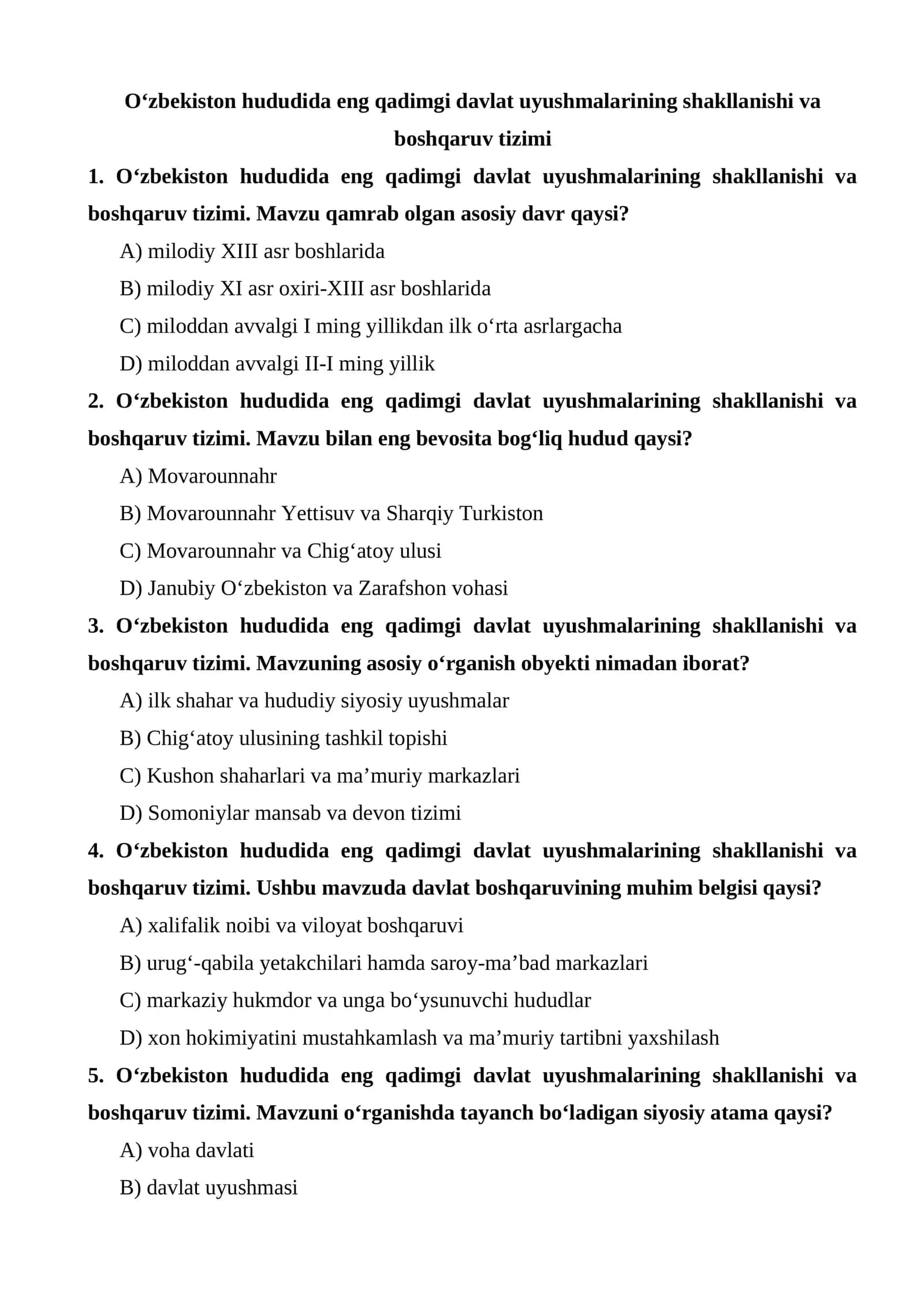 O‘zbekiston hududida eng qadimgi davlat uyushmalarining shakllanishi va boshqaruv tizimi 1