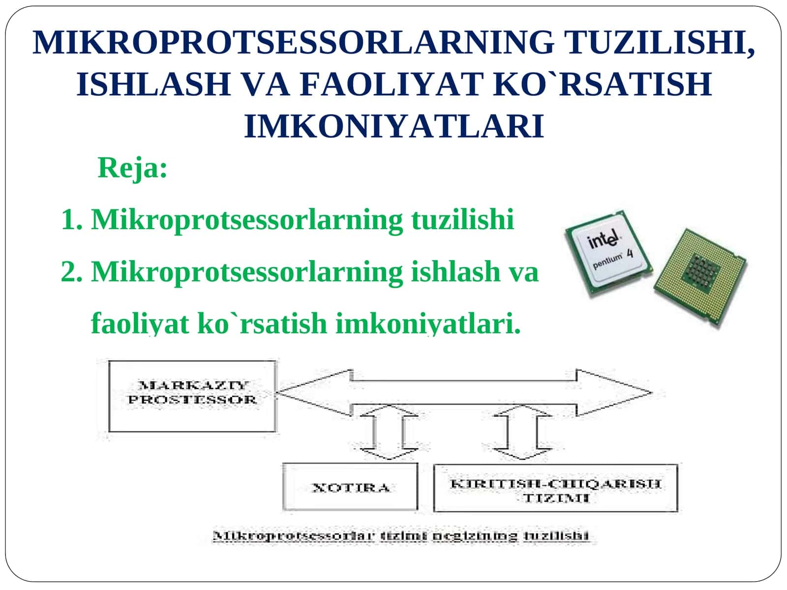 MIKROPROTSESSORLARNING TUZILISHI, ISHLASH VA FAOLIYAT KO`RSATISH IMKONIYATLARI 1